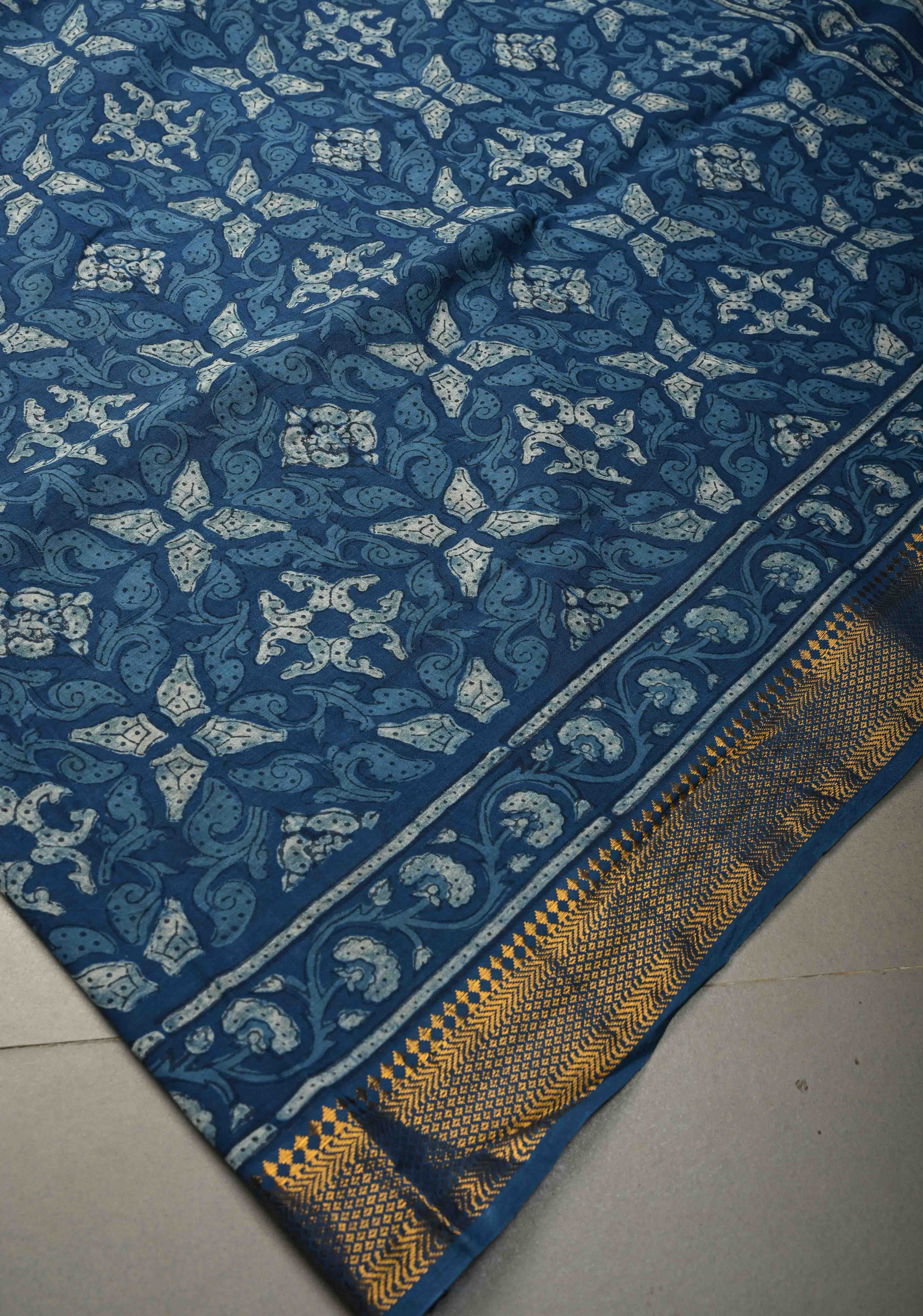 Indigo Mangalagiri Cotton Saree with Geometric Bagru Hand Block Print and Nizam Zari Border | Shobitam