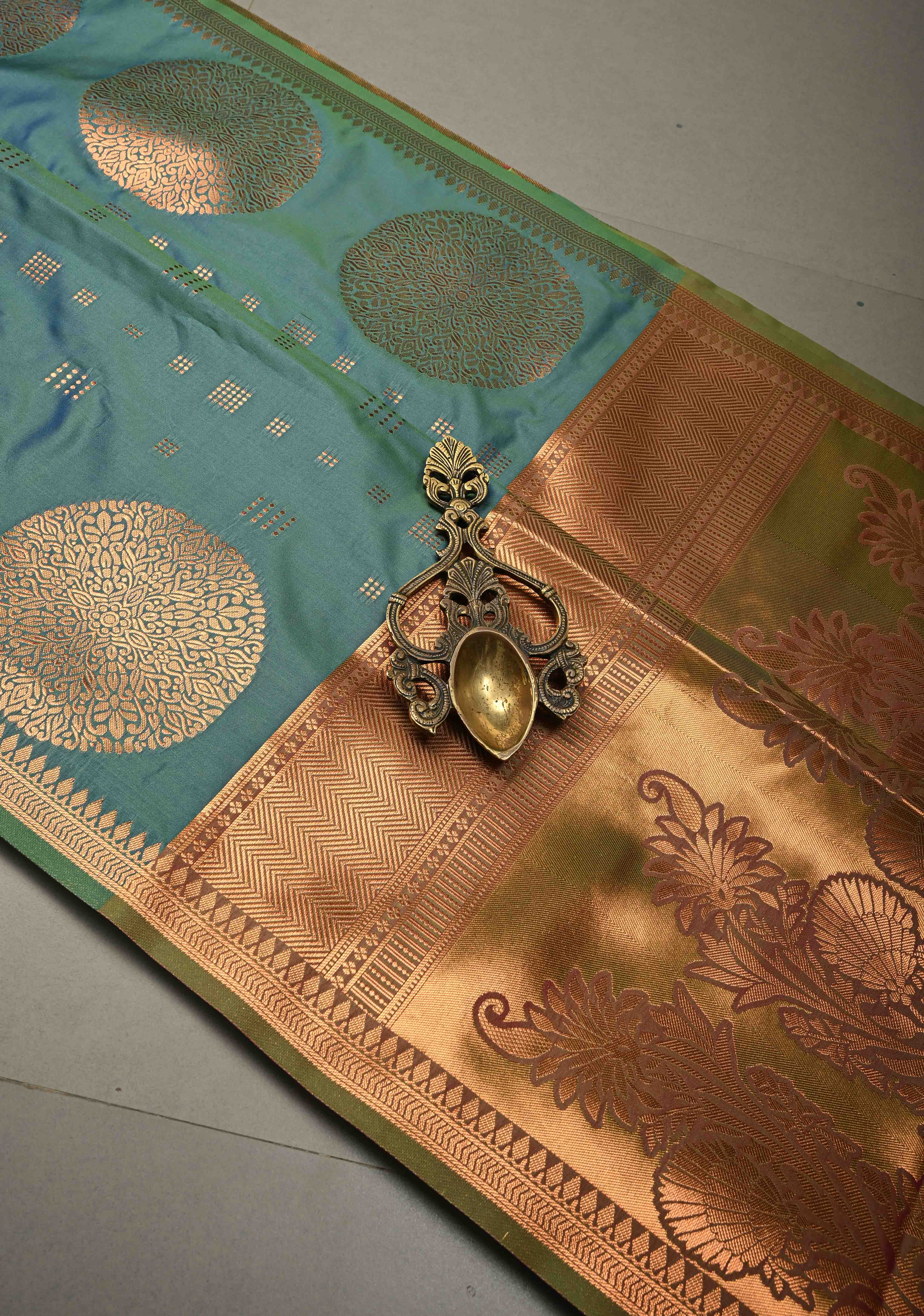Peacock Green-Blue Dual tone Kanchi Semi Silk Saree with Zari Buttas and Mandala Motifs on Zari Border | Shobitam