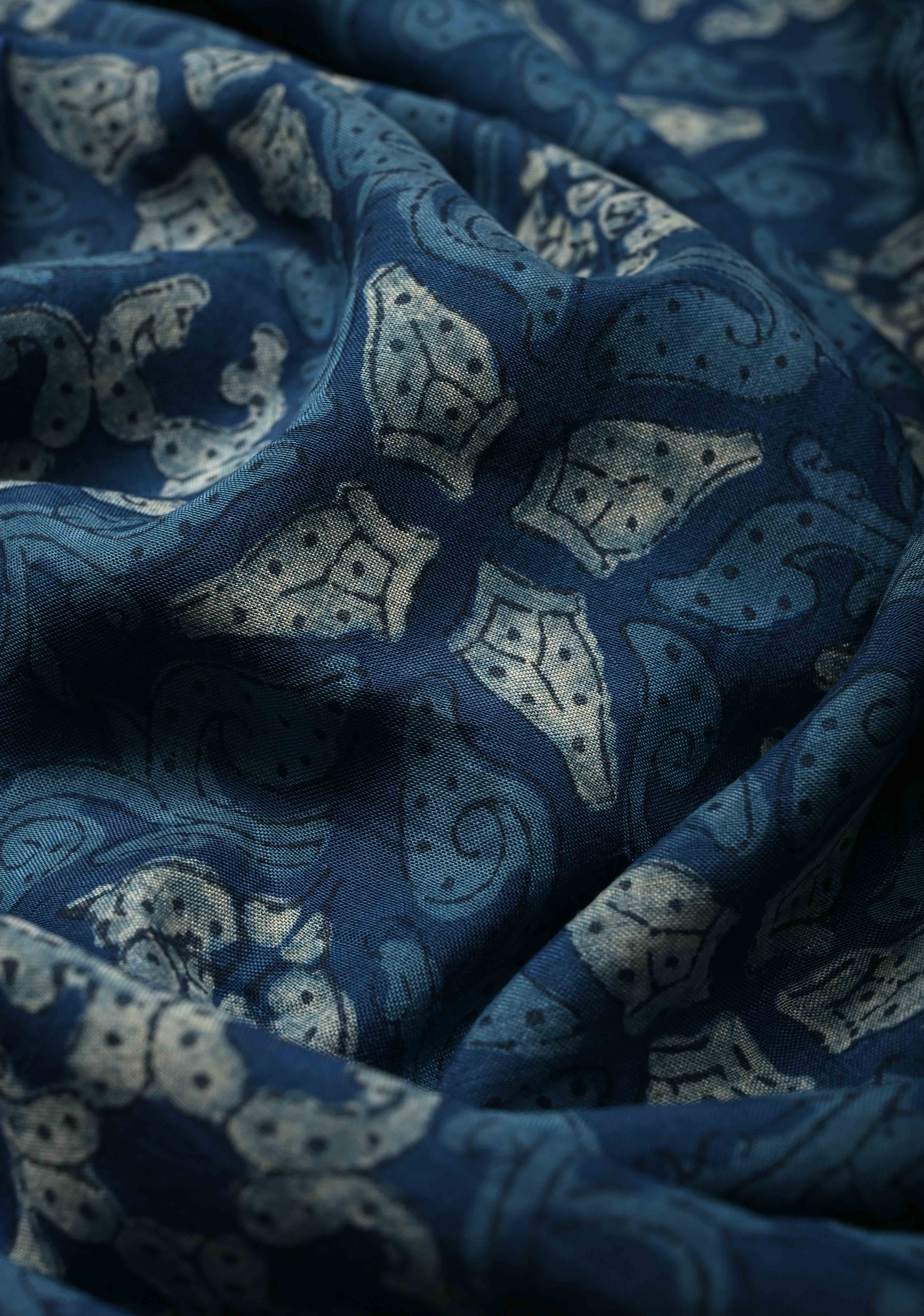 Indigo Mangalagiri Cotton Saree with Geometric Bagru Hand Block Print and Nizam Zari Border | Shobitam