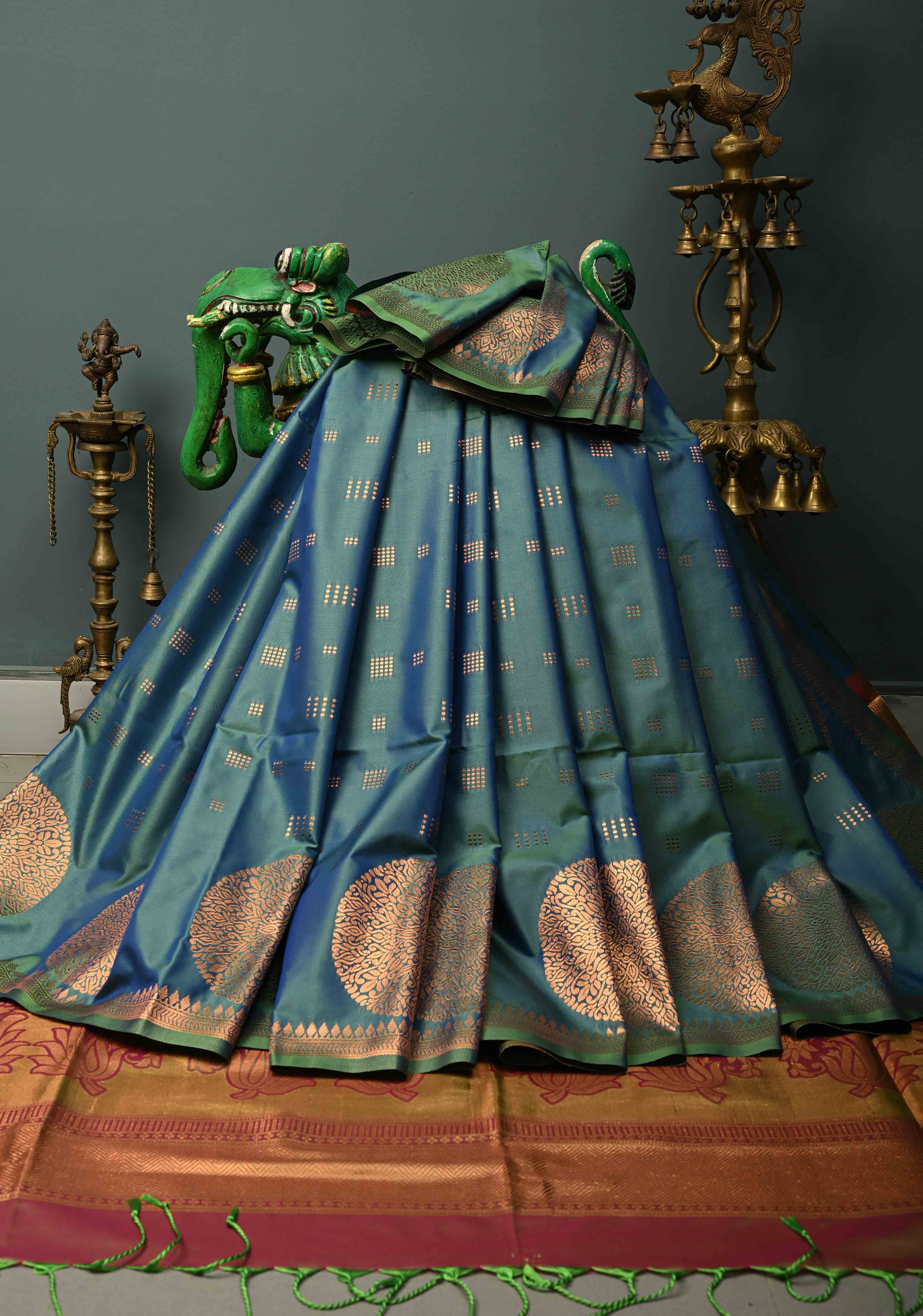 Peacock Green-Blue Dual tone Kanchi Semi Silk Saree with Zari Buttas and Mandala Motifs on Zari Border | Shobitam