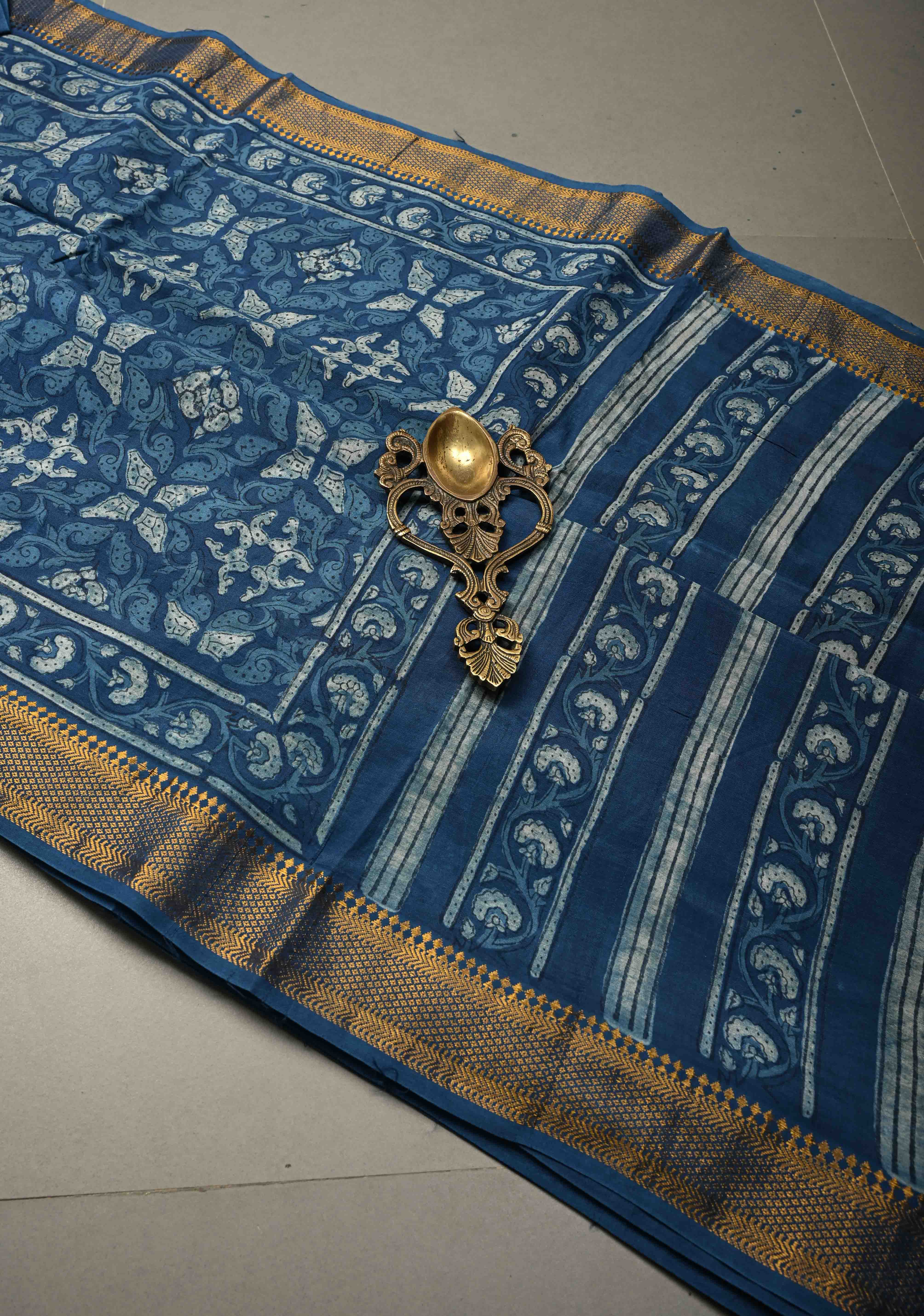 Indigo Mangalagiri Cotton Saree with Geometric Bagru Hand Block Print and Nizam Zari Border | Shobitam