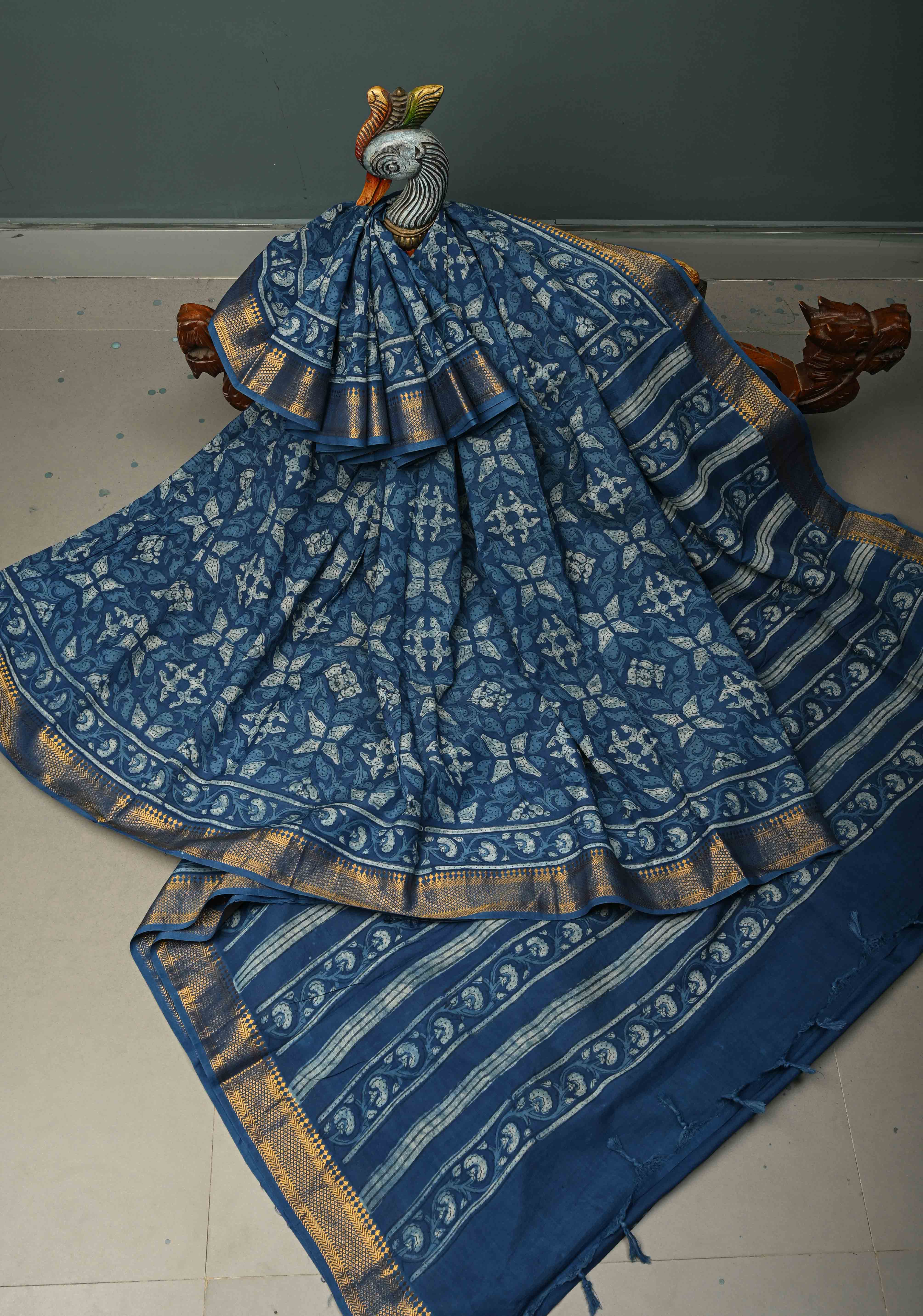 Indigo Mangalagiri Cotton Saree with Geometric Bagru Hand Block Print and Nizam Zari Border | Shobitam