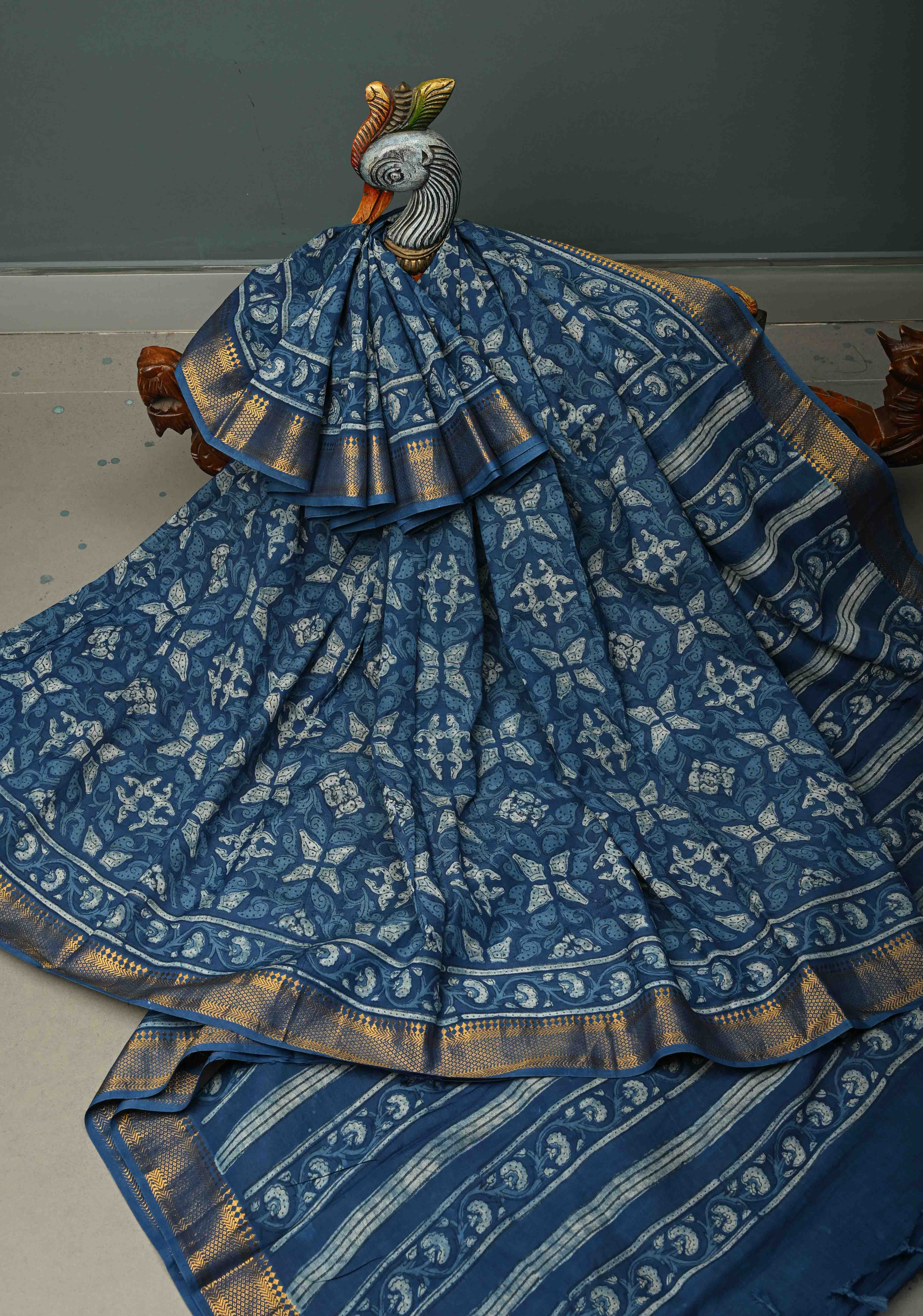Indigo Mangalagiri Cotton Saree with Geometric Bagru Hand Block Print and Nizam Zari Border | Shobitam