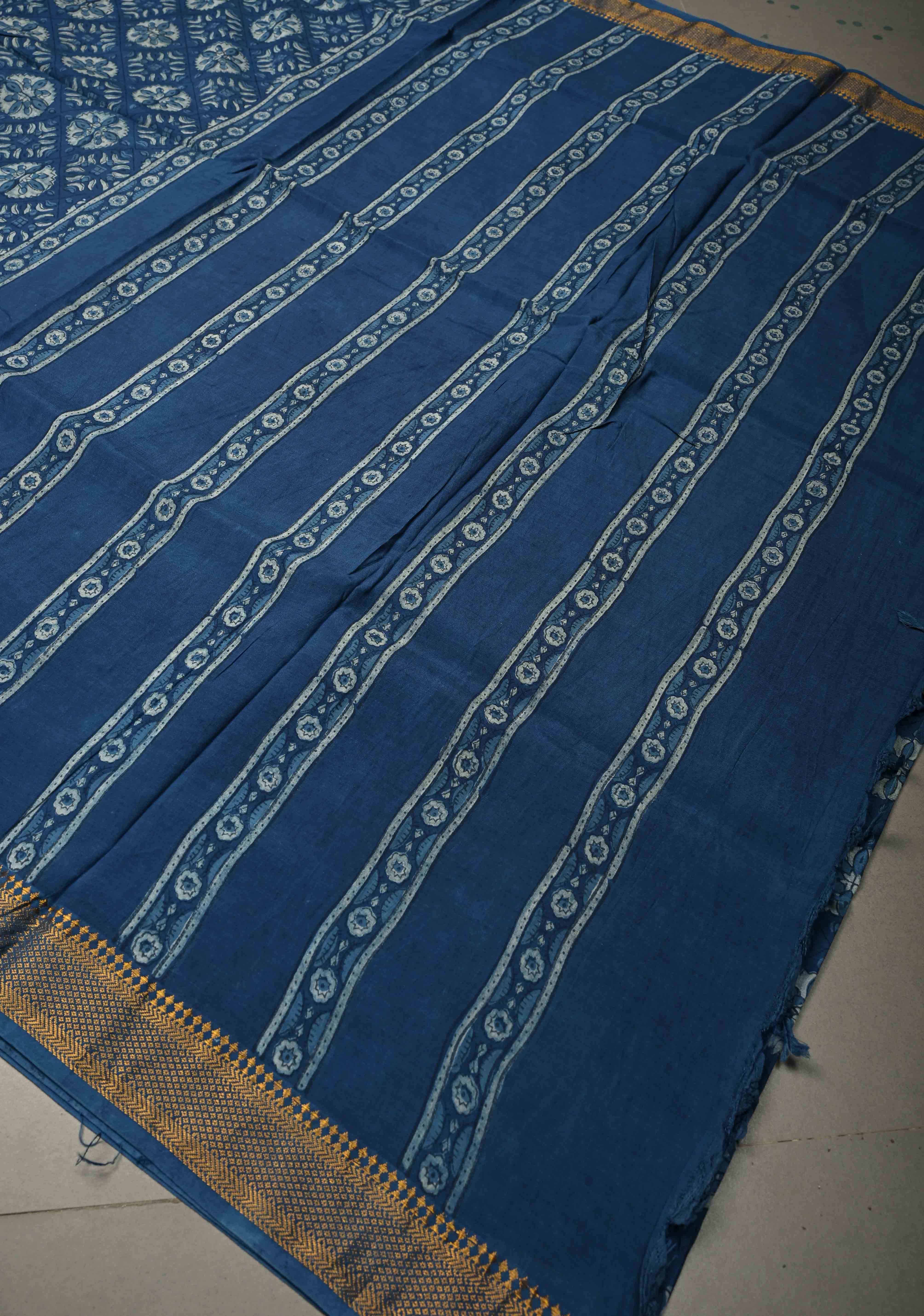 Indigo Mangalagiri Cotton Saree with Floral Bagru Hand Block Print and Nizam Zari Border | Shobitam