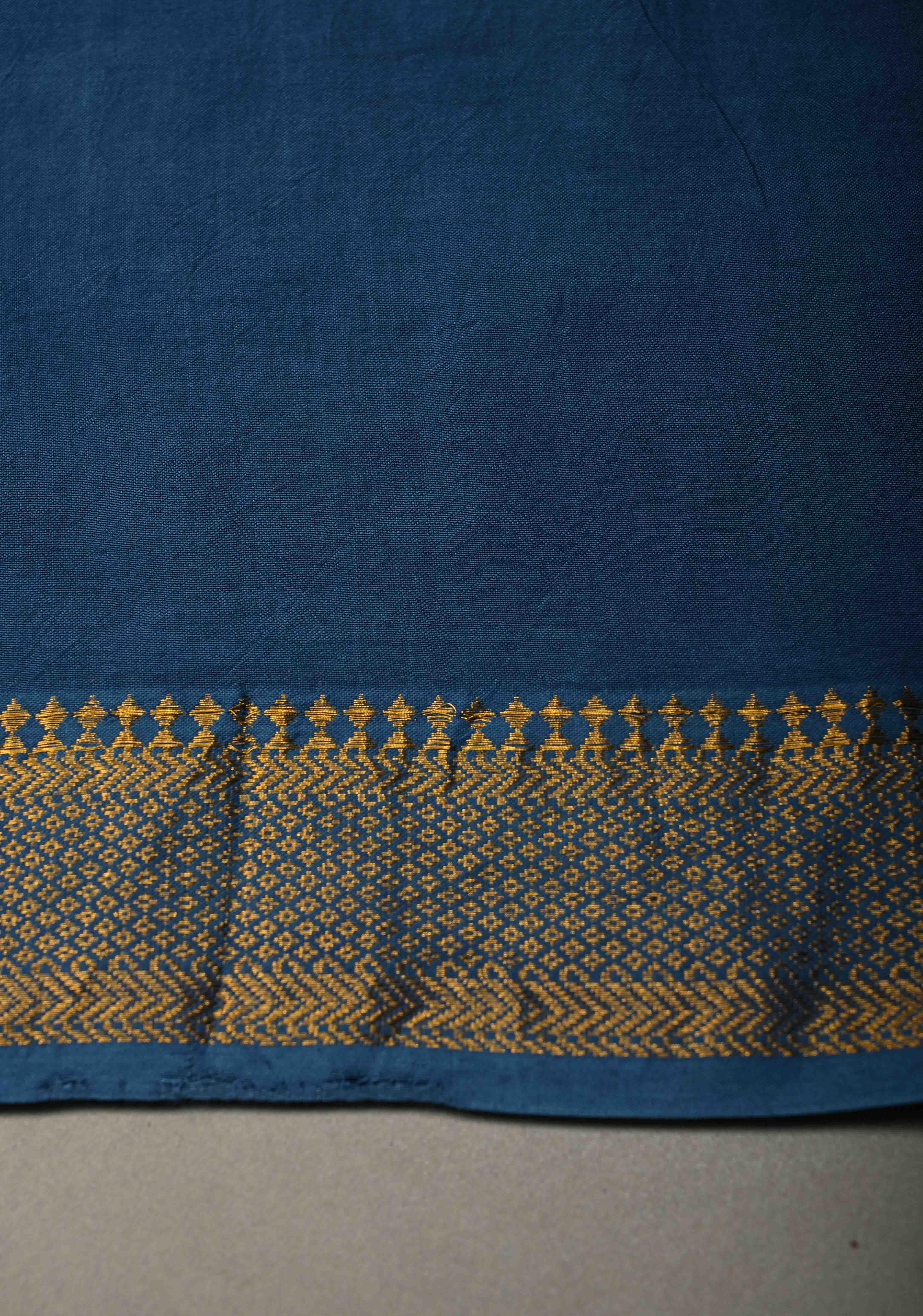 Indigo Mangalagiri Cotton Saree with Floral Bagru Hand Block Print and Nizam Zari Border | Shobitam