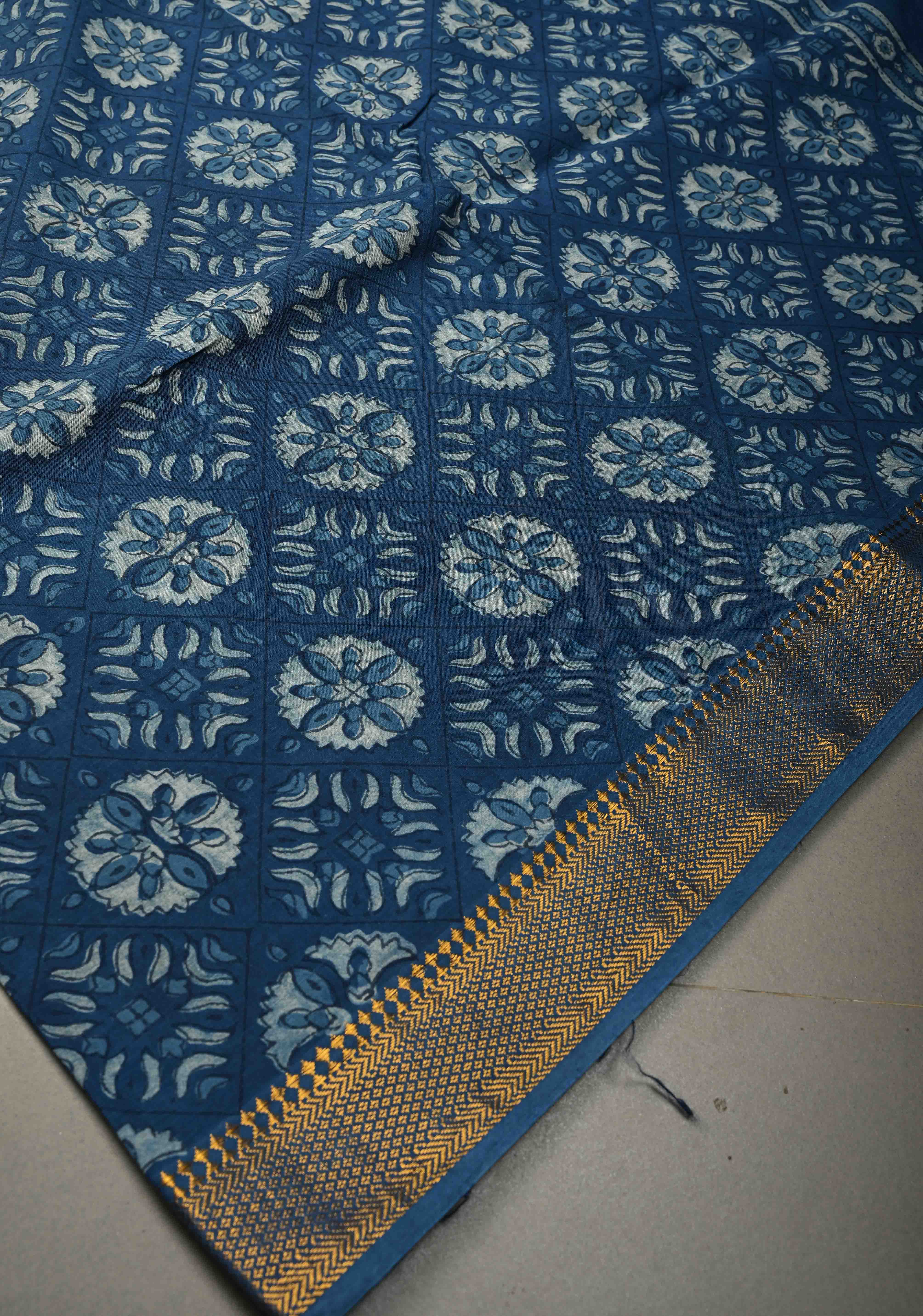 Indigo Mangalagiri Cotton Saree with Floral Bagru Hand Block Print and Nizam Zari Border | Shobitam