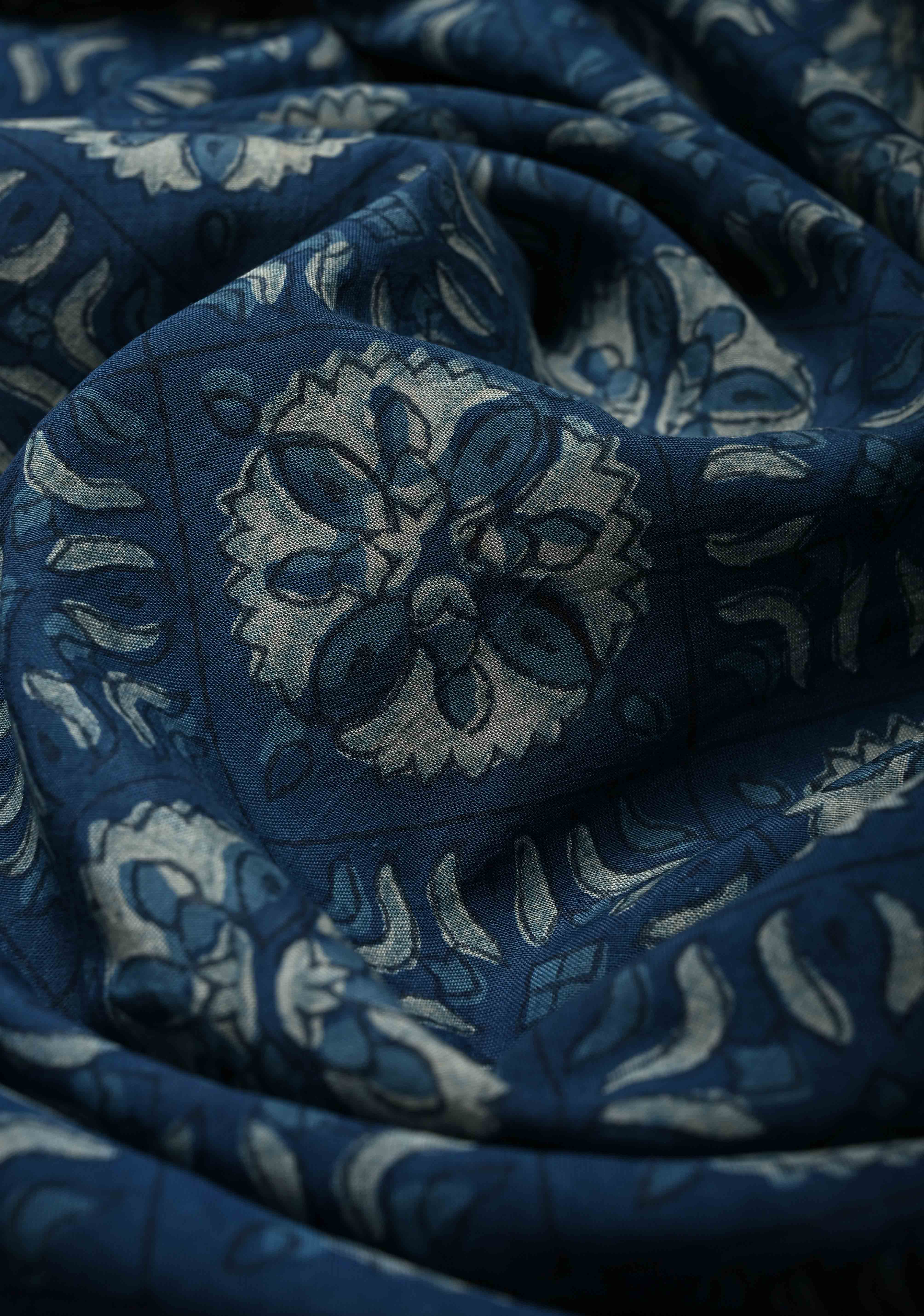 Indigo Mangalagiri Cotton Saree with Floral Bagru Hand Block Print and Nizam Zari Border | Shobitam