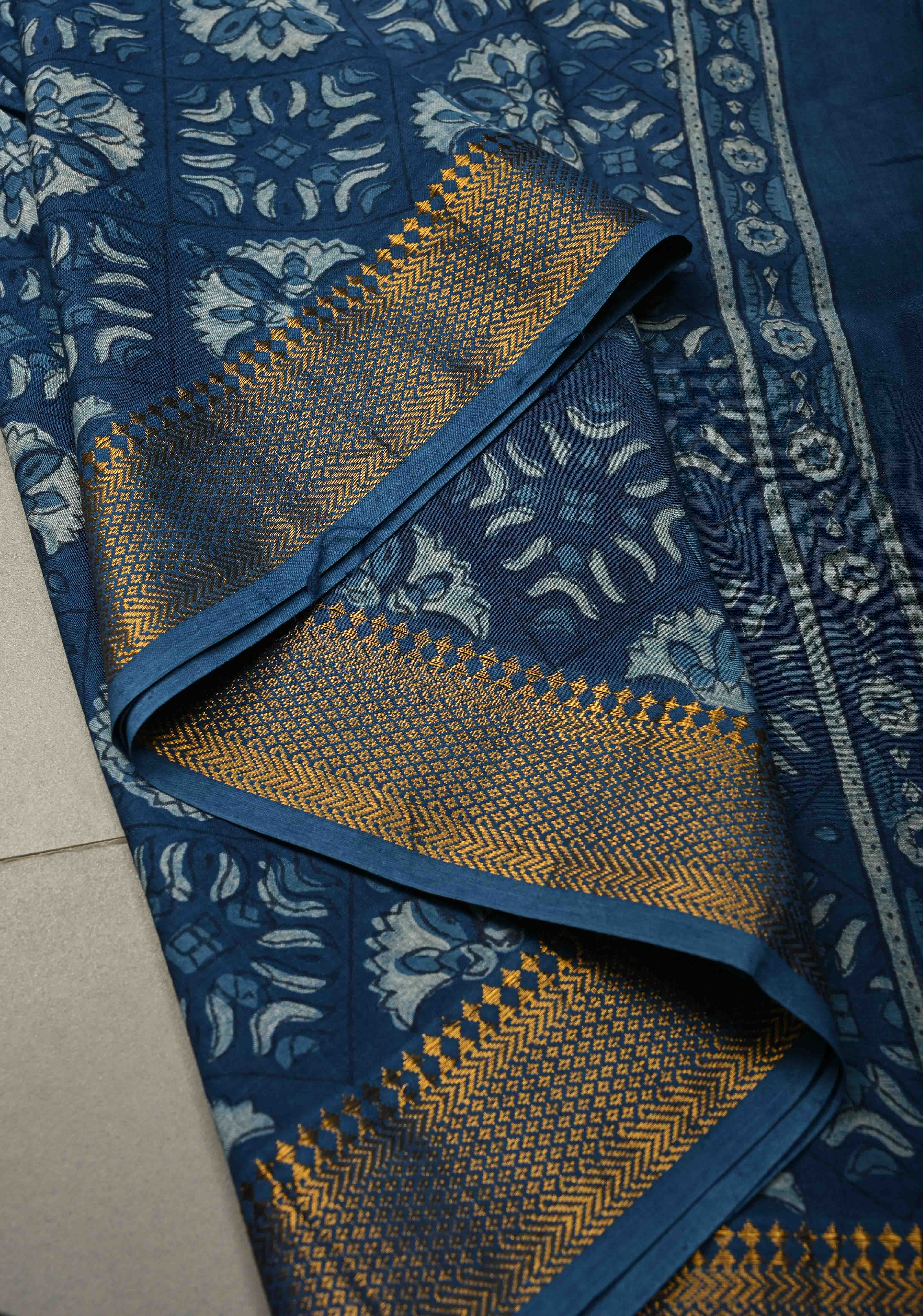 Indigo Mangalagiri Cotton Saree with Floral Bagru Hand Block Print and Nizam Zari Border | Shobitam