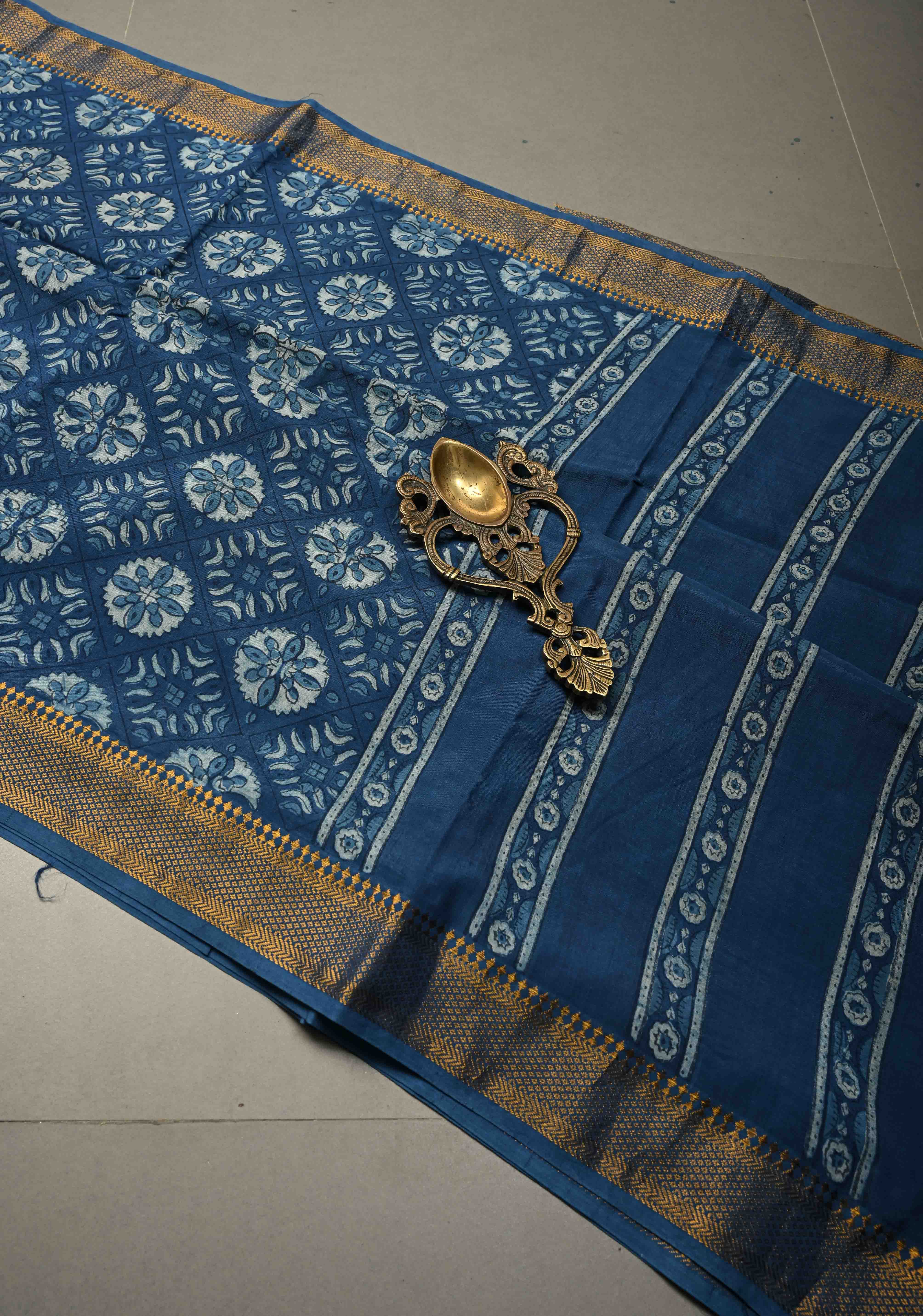 Indigo Mangalagiri Cotton Saree with Floral Bagru Hand Block Print and Nizam Zari Border | Shobitam