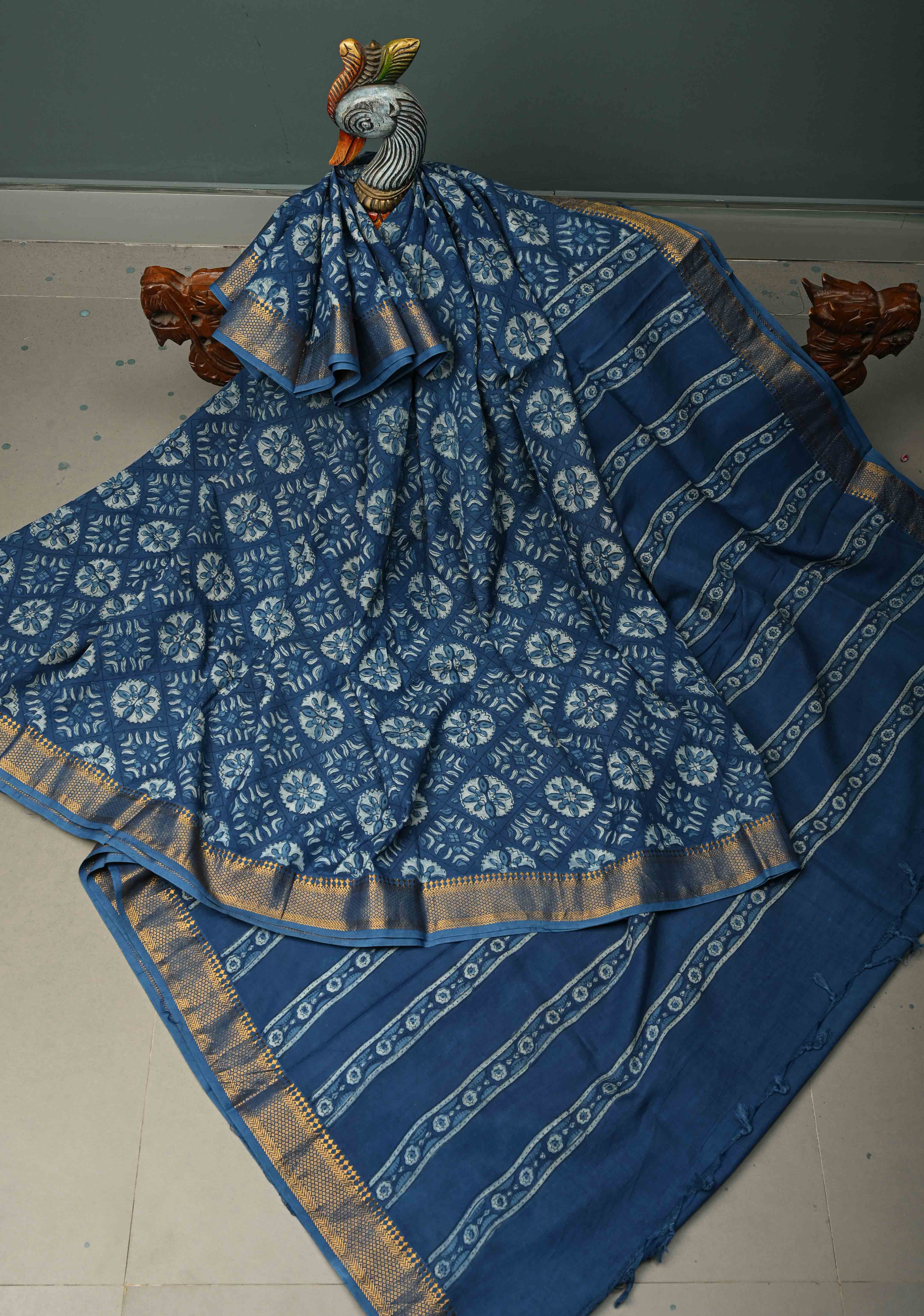 Indigo Mangalagiri Cotton Saree with Floral Bagru Hand Block Print and Nizam Zari Border | Shobitam