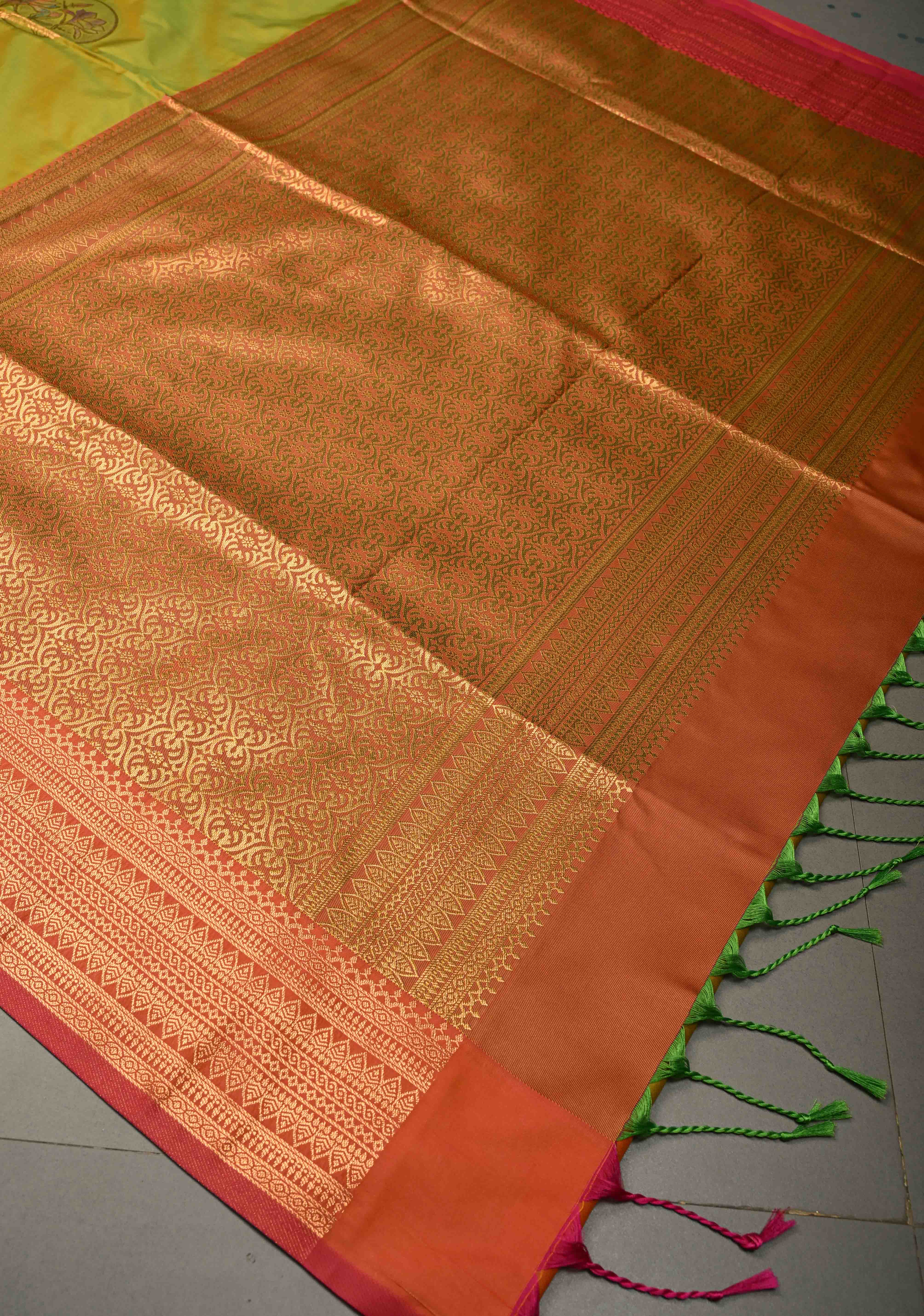 Lime Green Dual tone Kanchi Semi Silk Saree with Meenakari Mandala Buttas and Contrast Zari Border | Shobitam