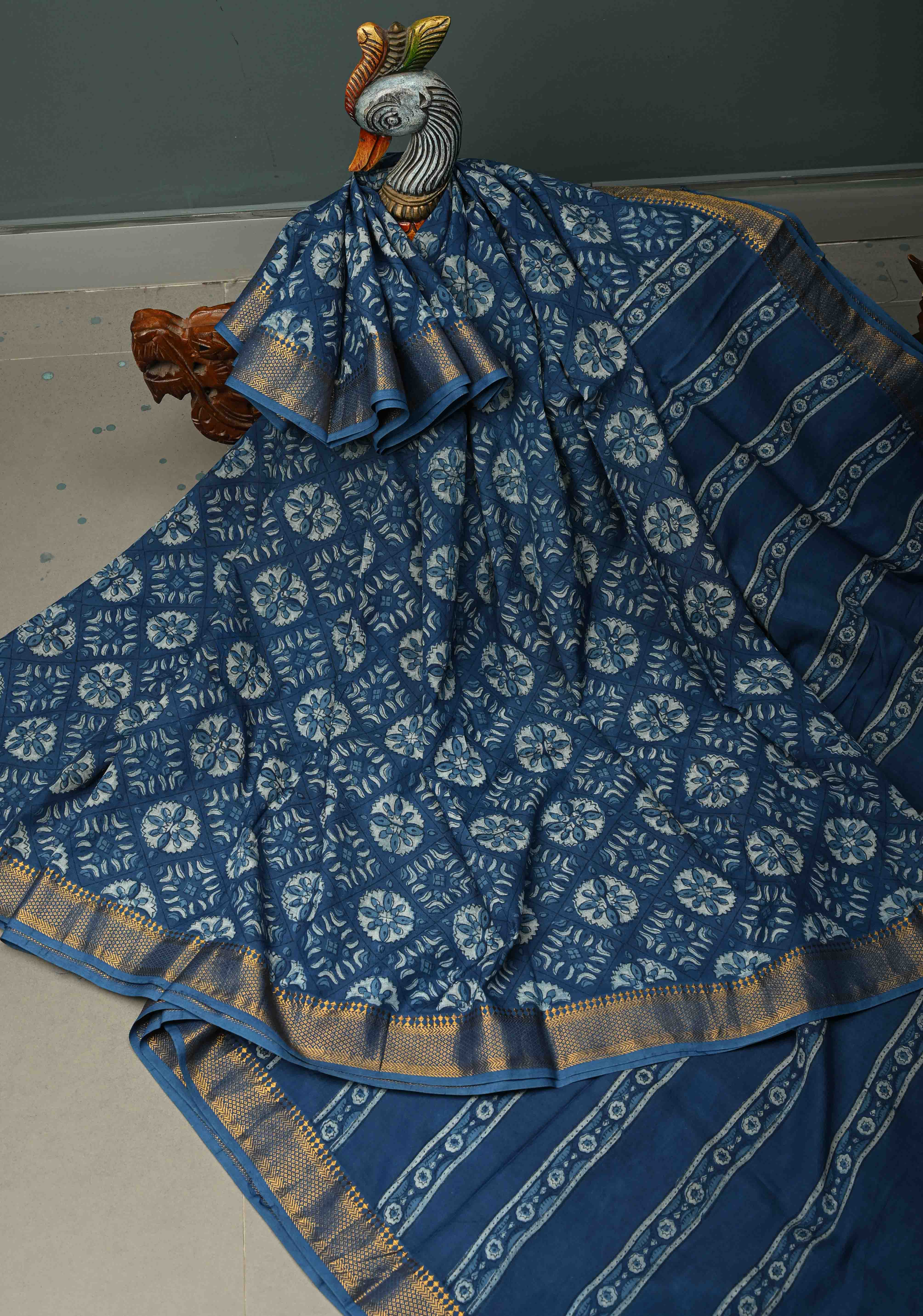 Indigo Mangalagiri Cotton Saree with Floral Bagru Hand Block Print and Nizam Zari Border