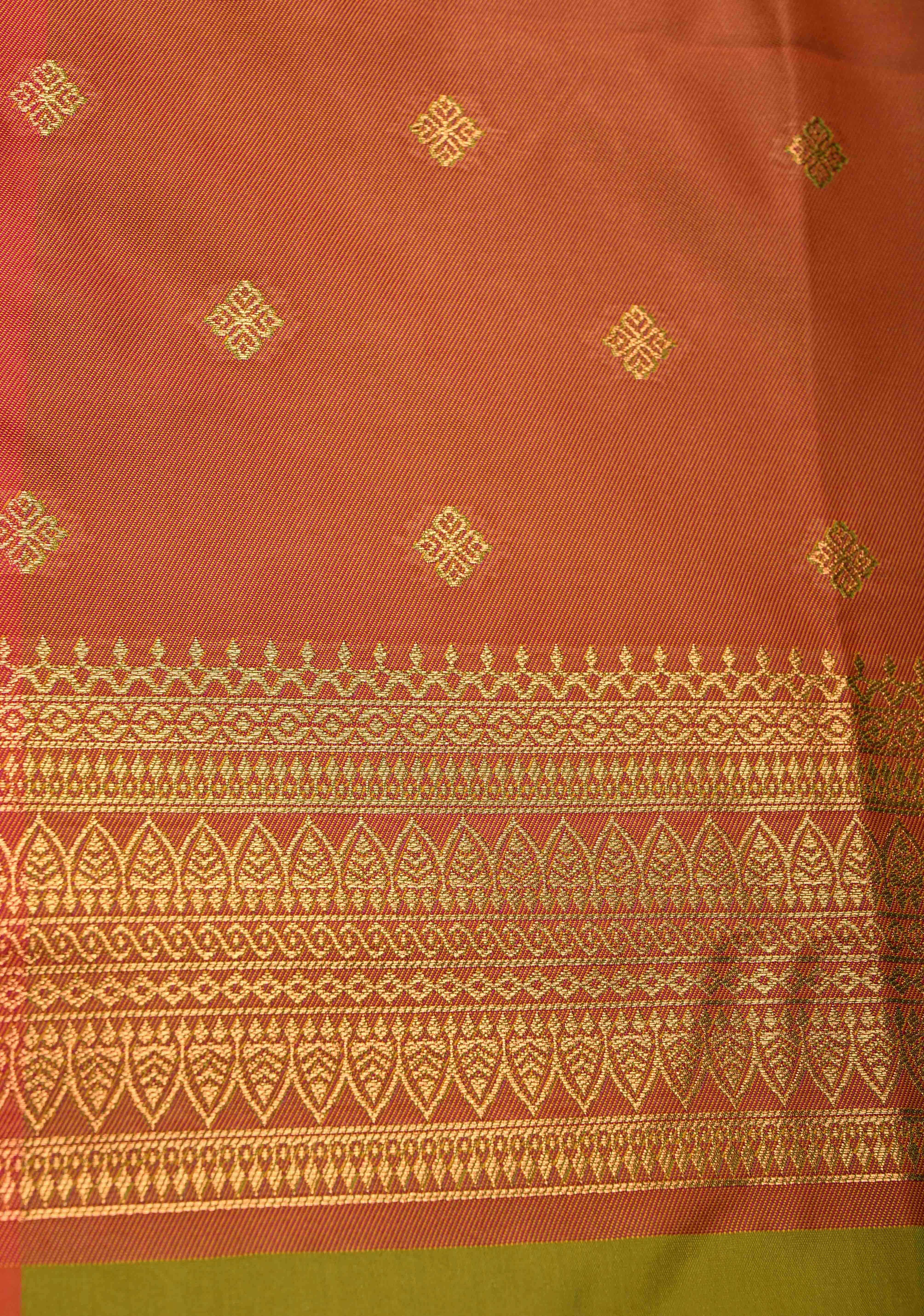 Lime Green Dual tone Kanchi Semi Silk Saree with Meenakari Mandala Buttas and Contrast Zari Border | Shobitam