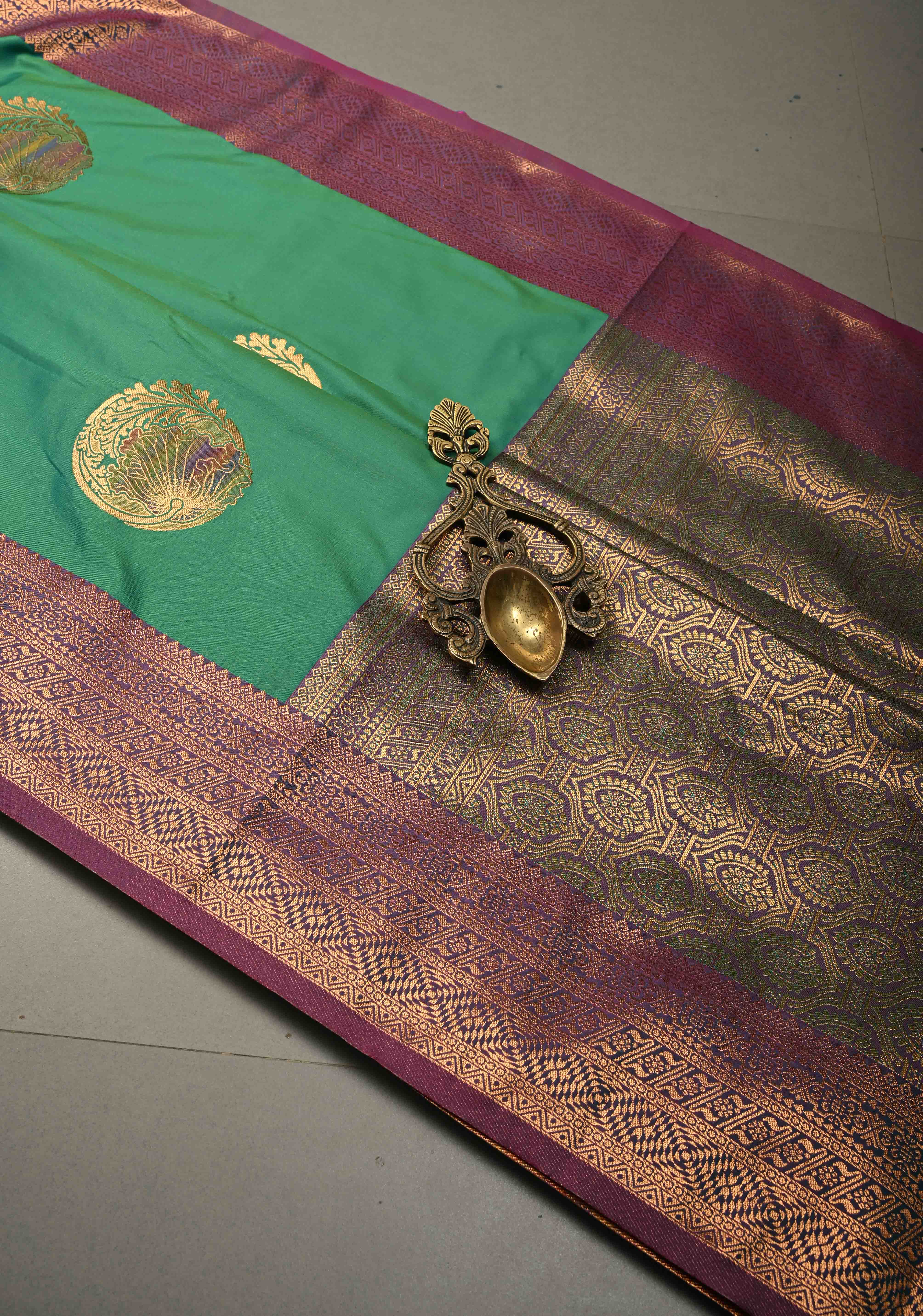 Green Kanchi Semi Silk Saree with Meenakari Mandala Buttas and Contrast Antique Zari Border | Shobitam