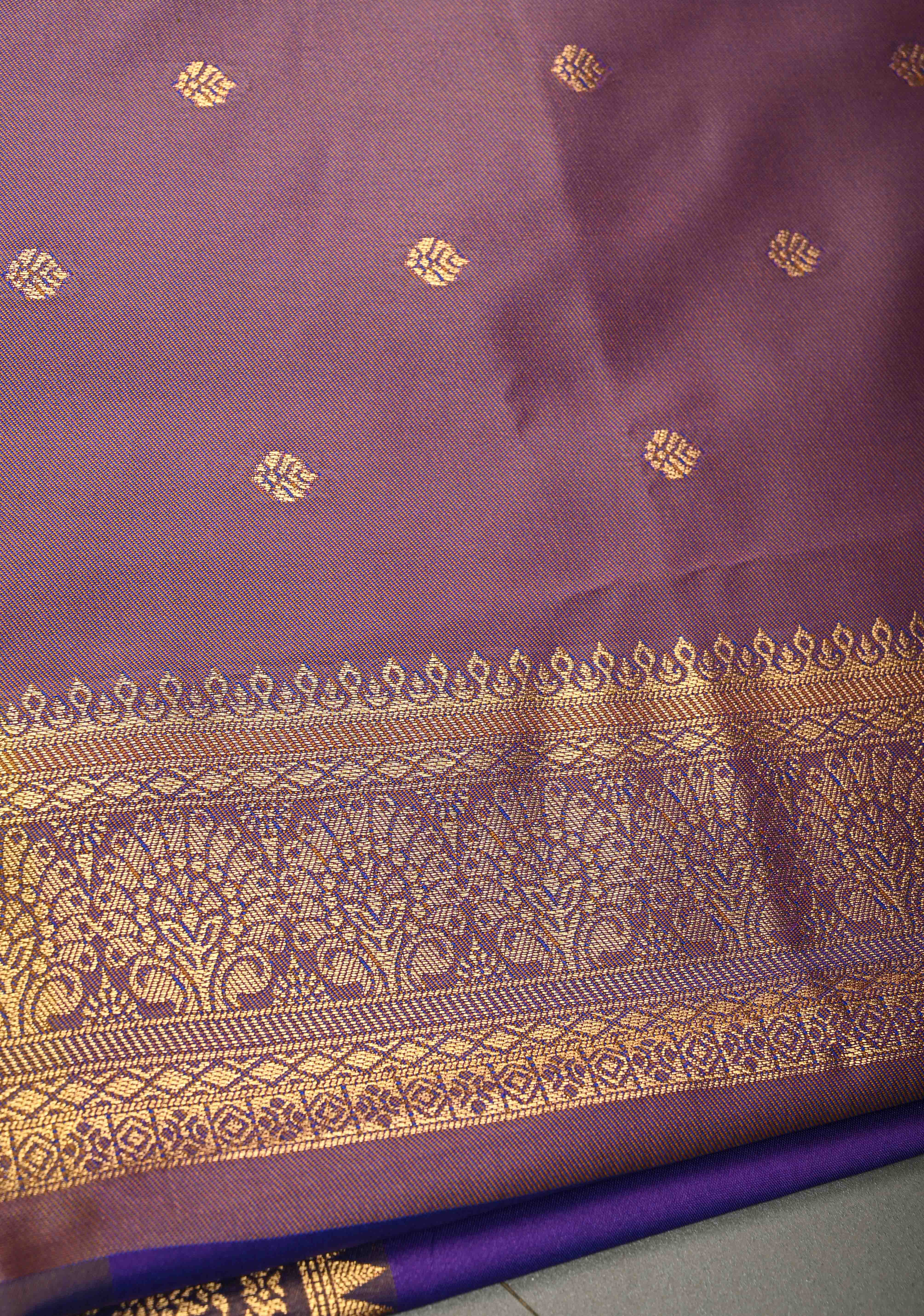 Purple Dual tone Kanchi Semi Silk Saree with Zari Buttas and Contrast Zari Border | Shobitam