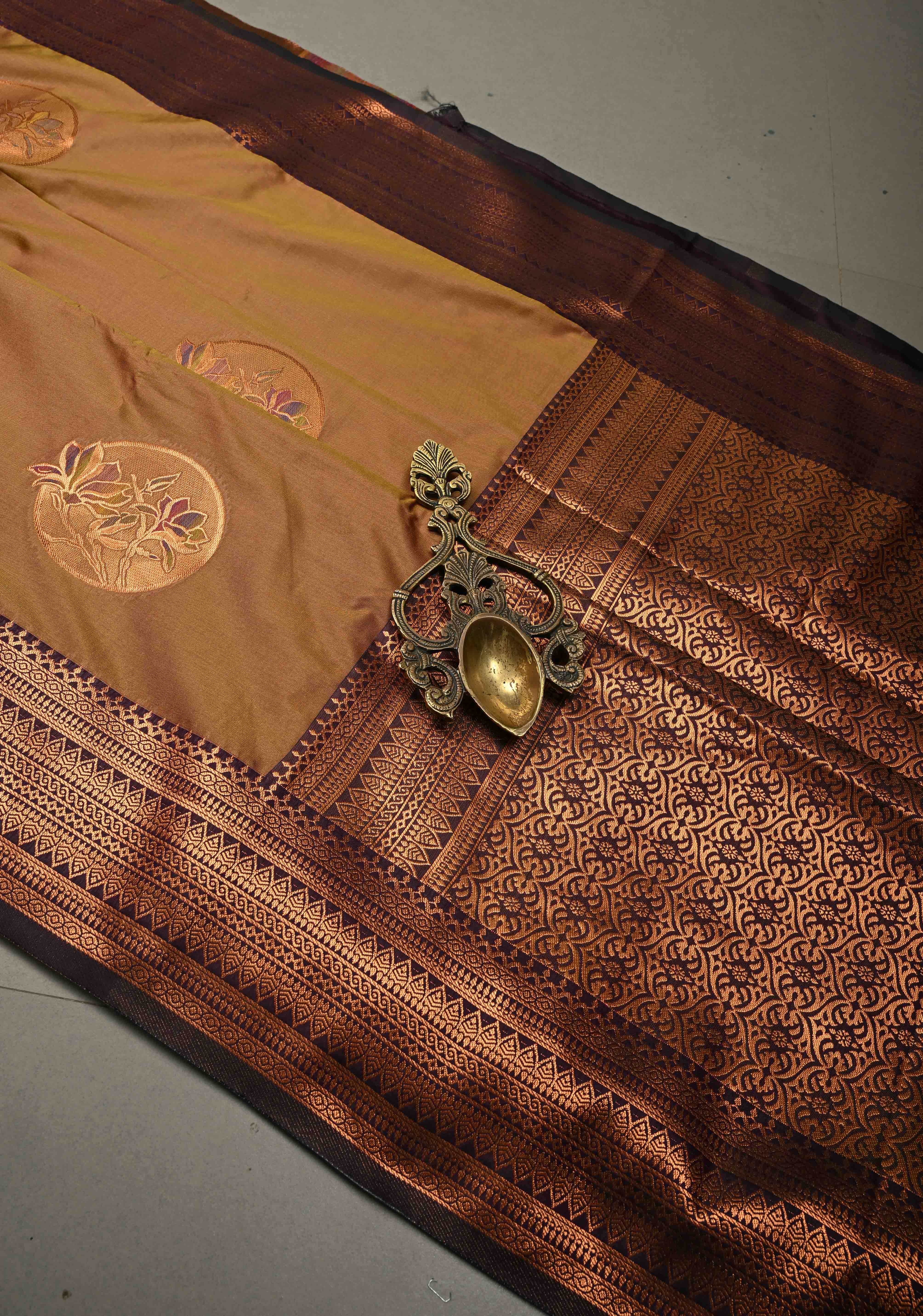 Camel Brown Dual tone Kanchi Semi Silk Saree with Meenakari Mandala Buttas and Contrast Antique Zari Border | Shobitam