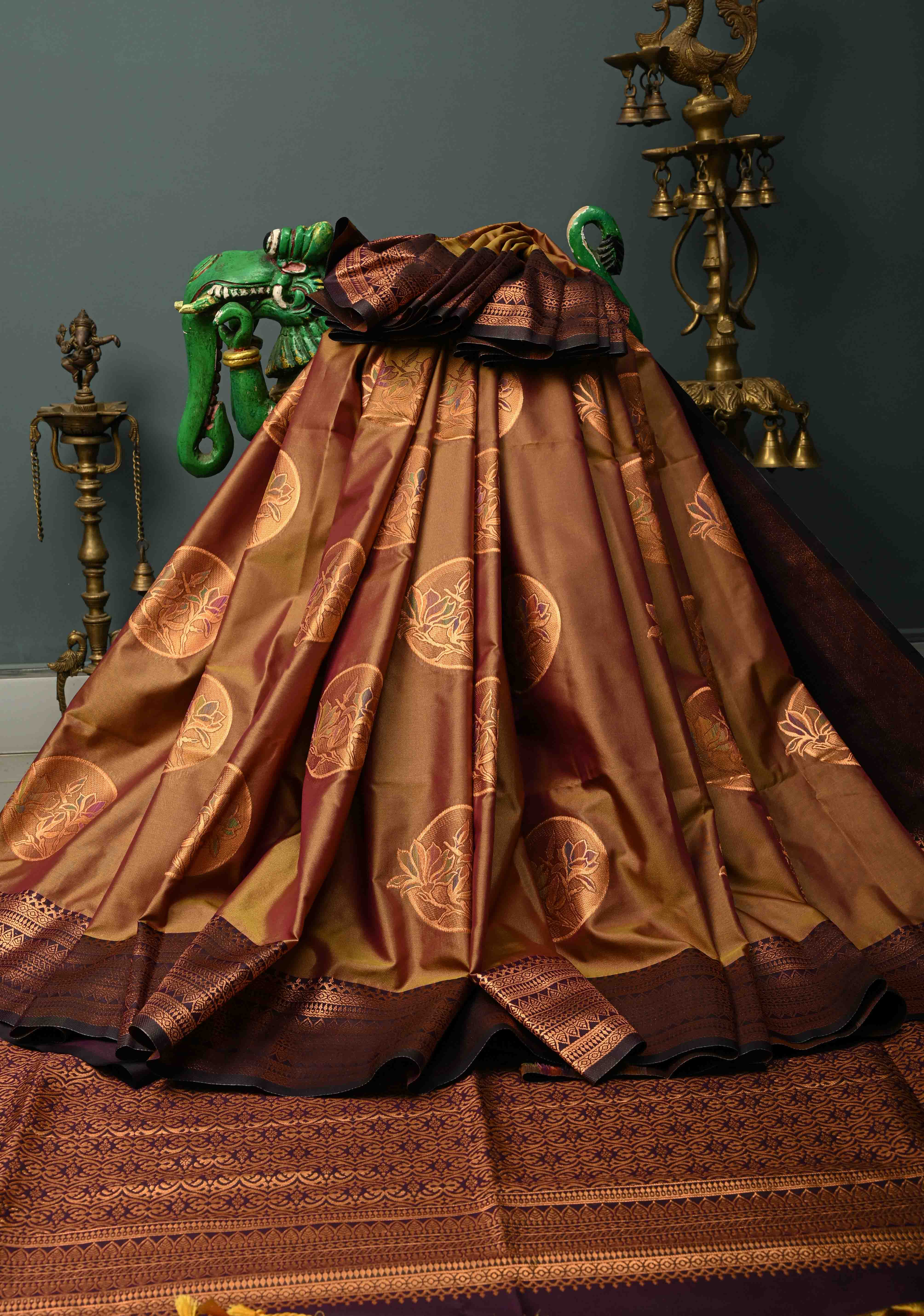 Camel Brown Dual tone Kanchi Semi Silk Saree with Meenakari Mandala Buttas and Contrast Antique Zari Border | Shobitam