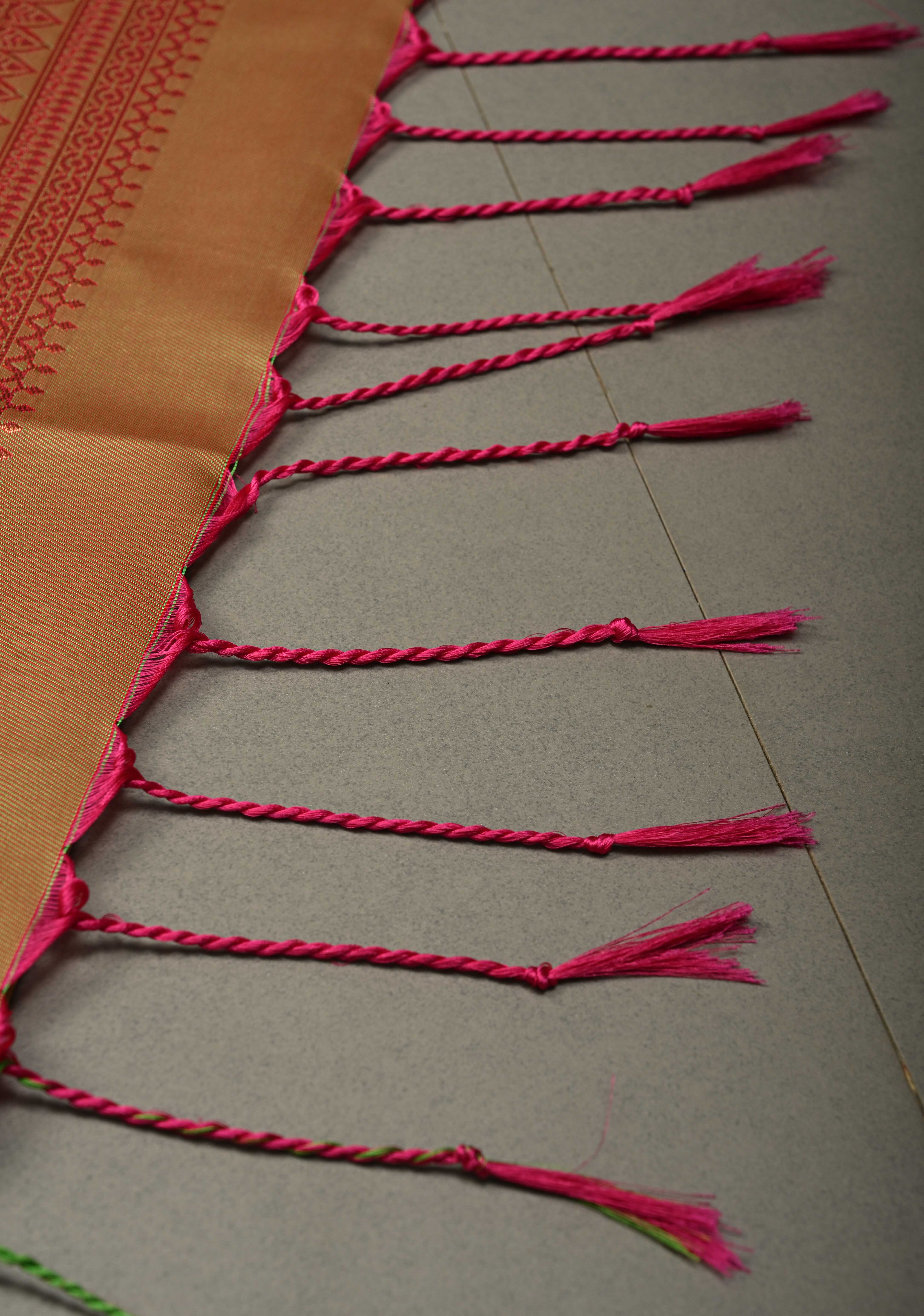 Amaranth Kanchi Semi Silk Saree with Meenakari Mandala Buttas and Contrast Zari Border | Shobitam