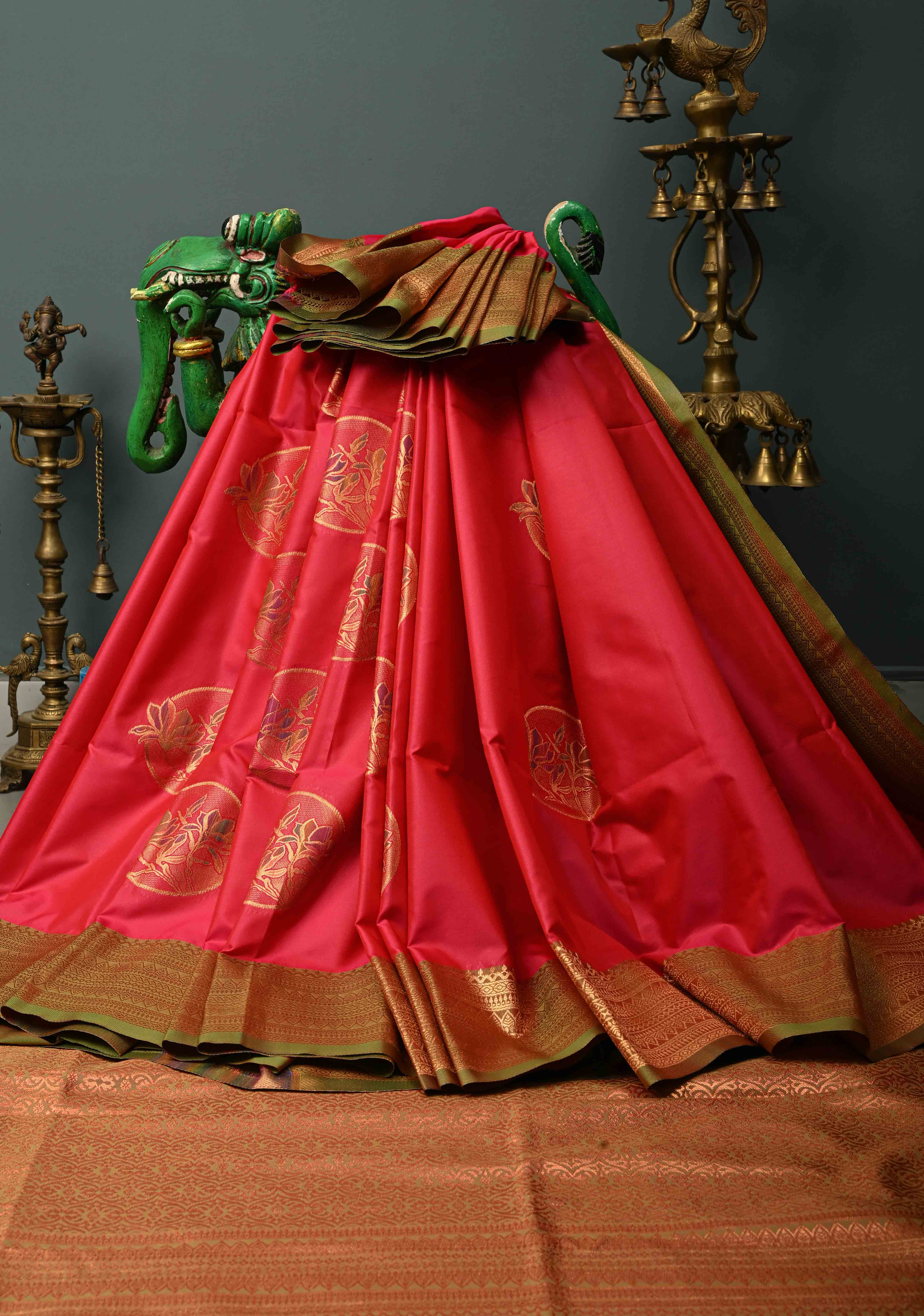 Amaranth Kanchi Semi Silk Saree with Meenakari Mandala Buttas and Contrast Zari Border | Shobitam