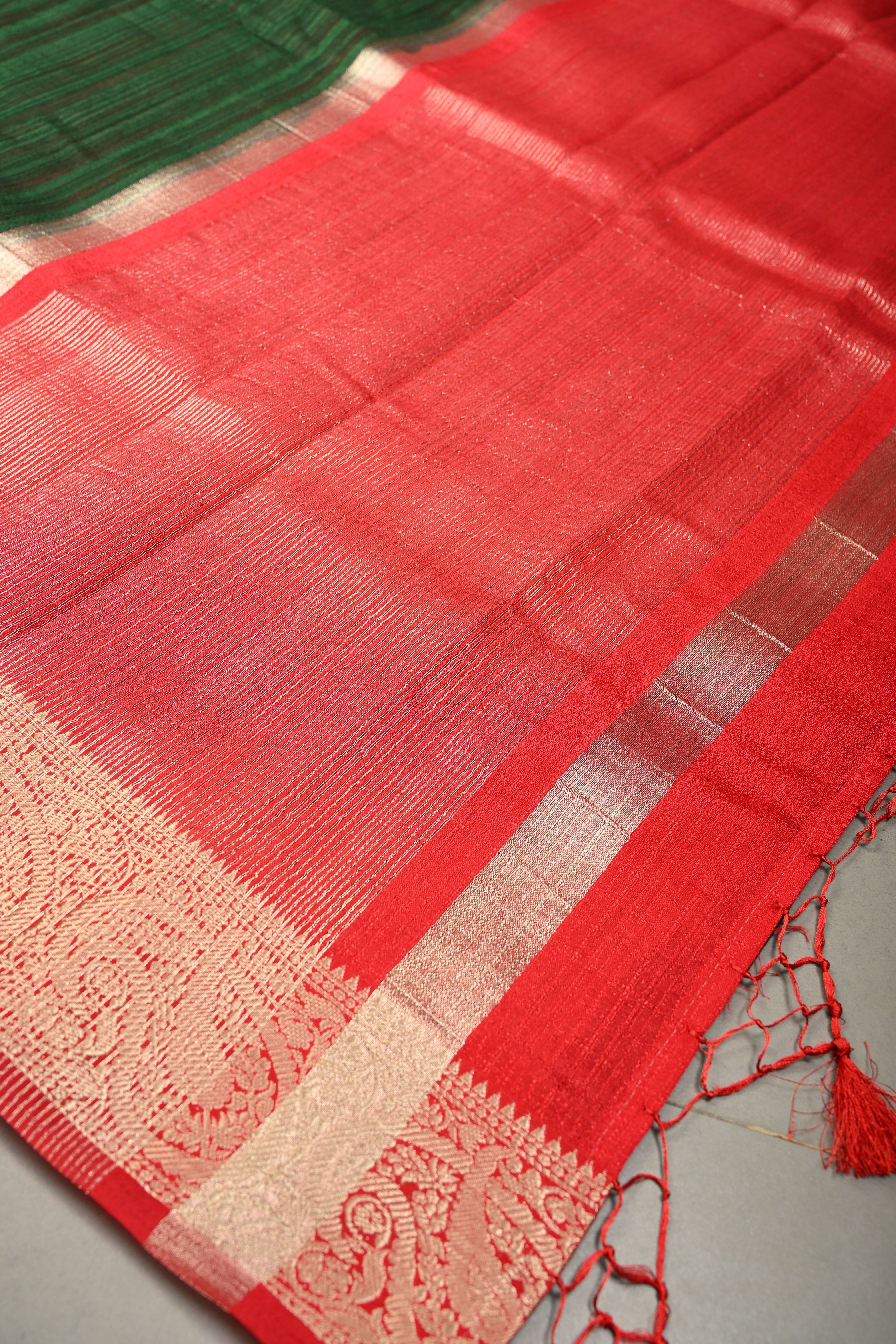 Bottle Green Semi Tussar Saree with Contrast Zari Border | Shobitam