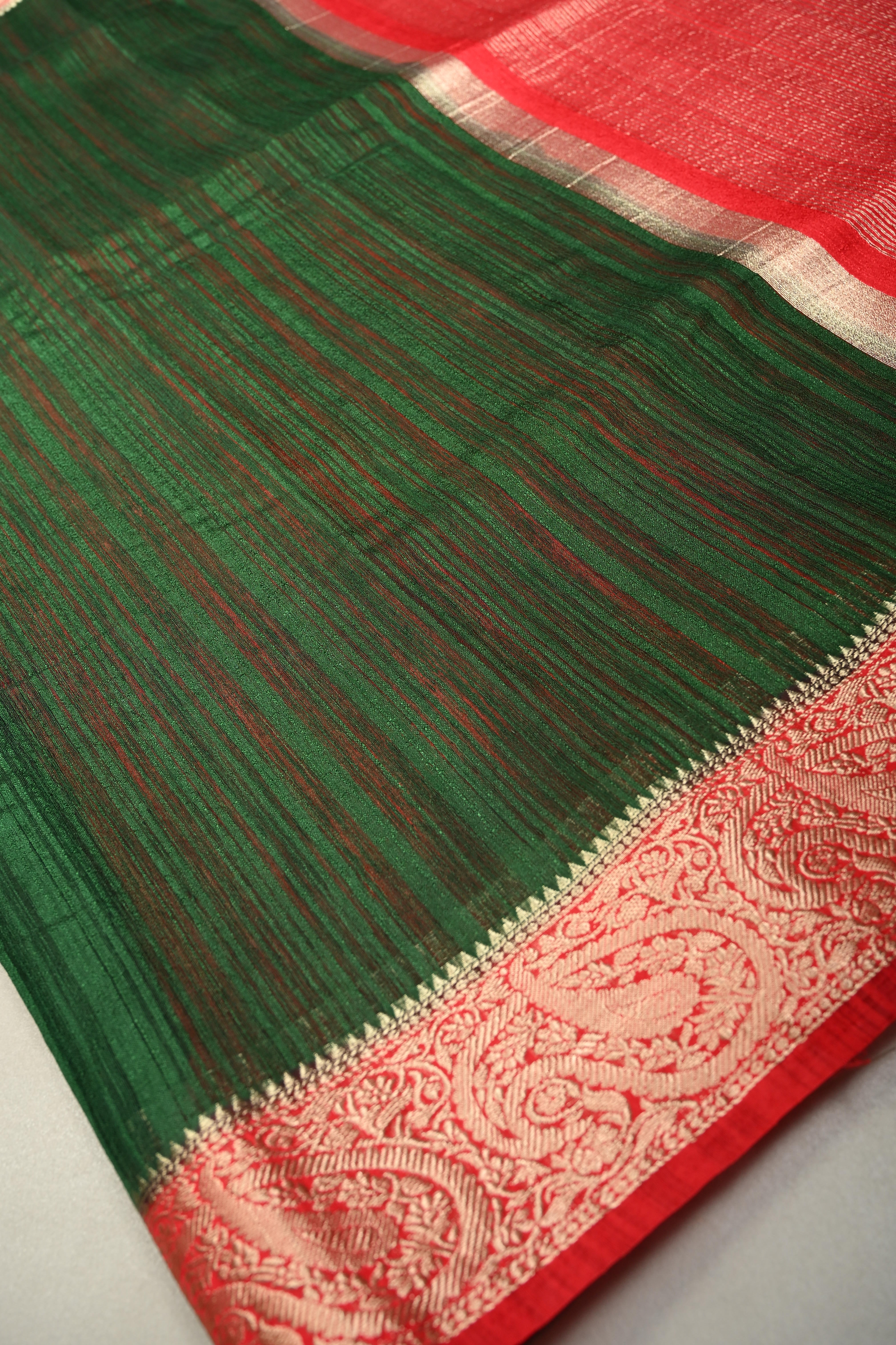 Bottle Green Semi Tussar Saree with Contrast Zari Border | Shobitam