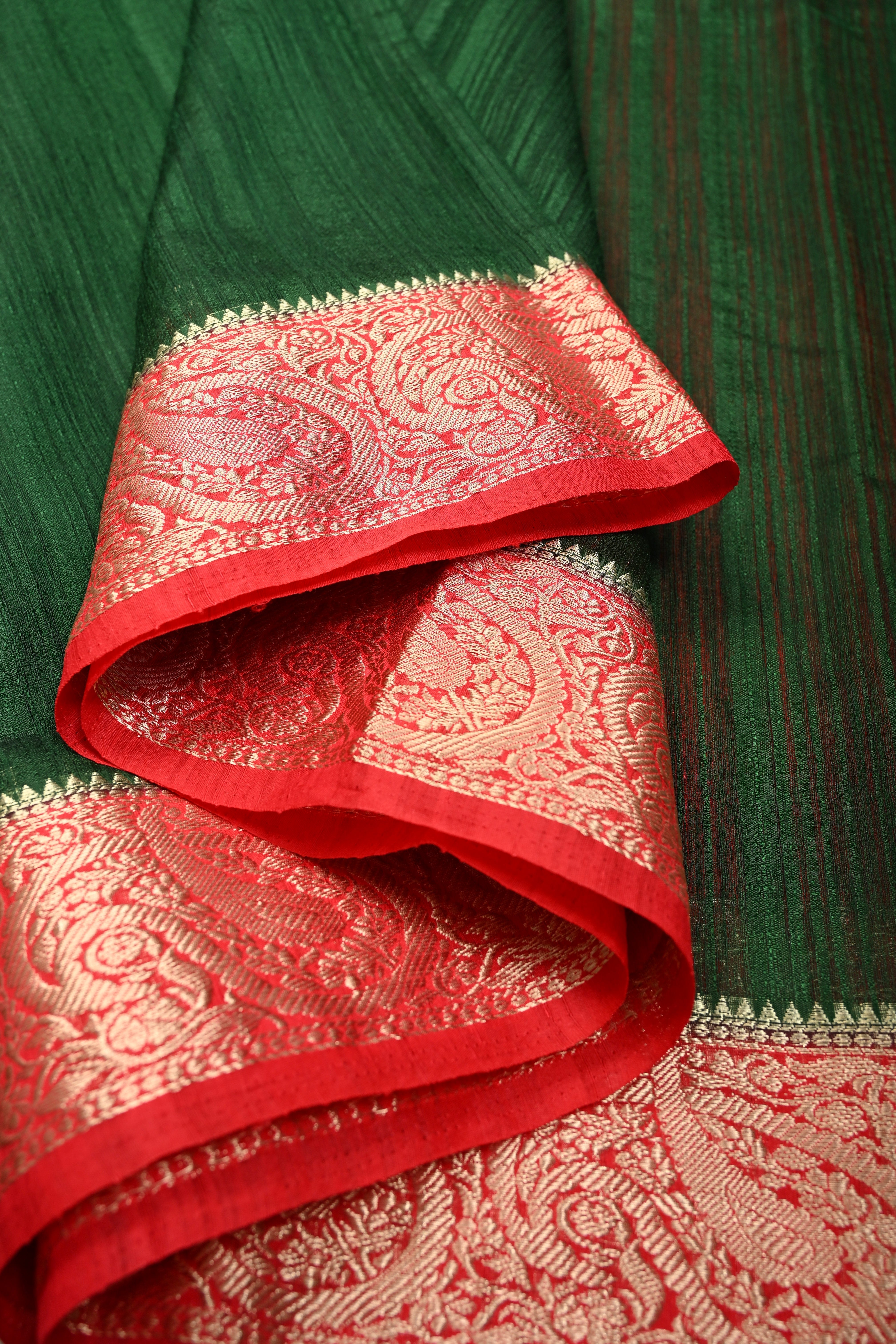 Bottle Green Semi Tussar Saree with Contrast Zari Border | Shobitam