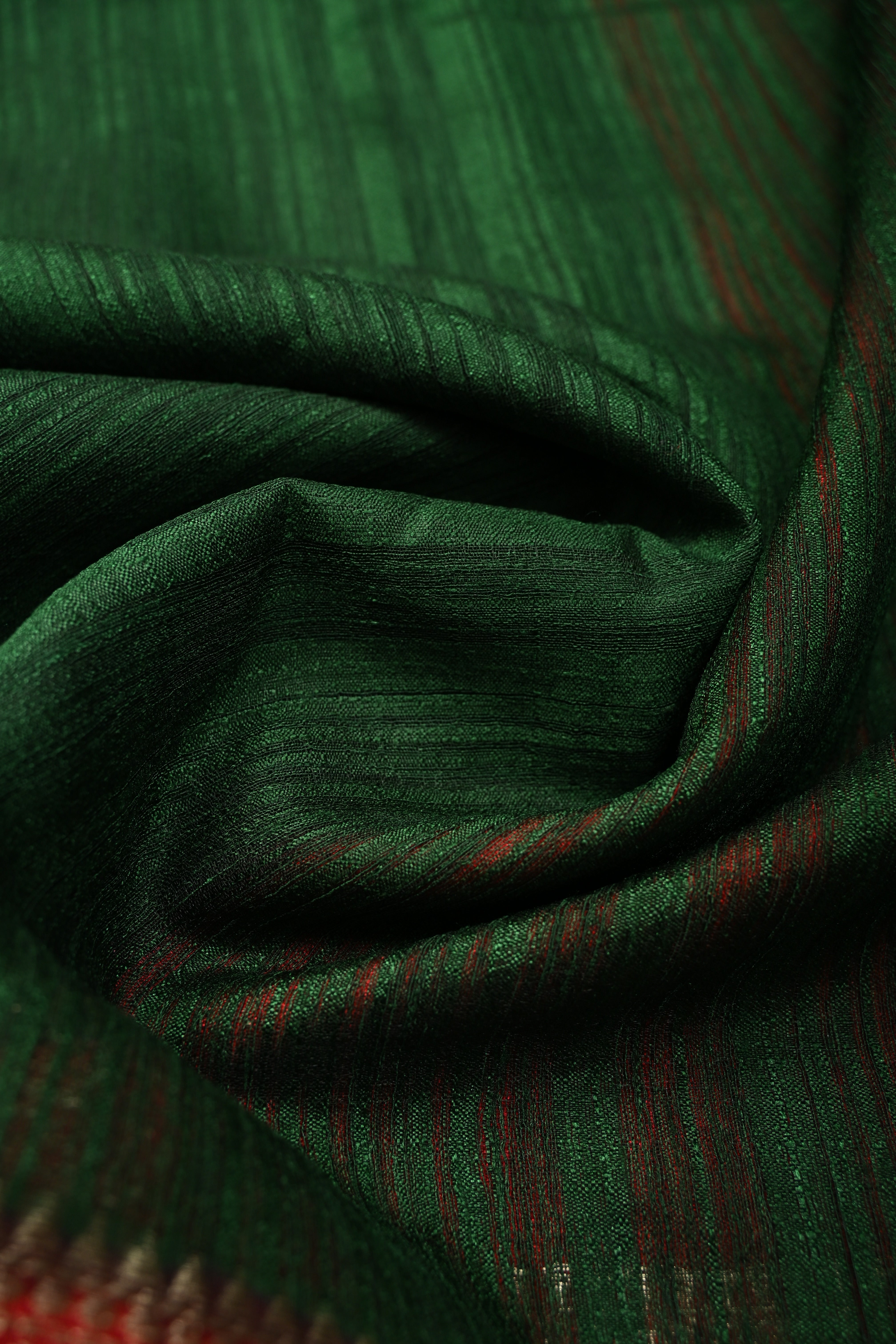 Bottle Green Semi Tussar Saree with Contrast Zari Border | Shobitam