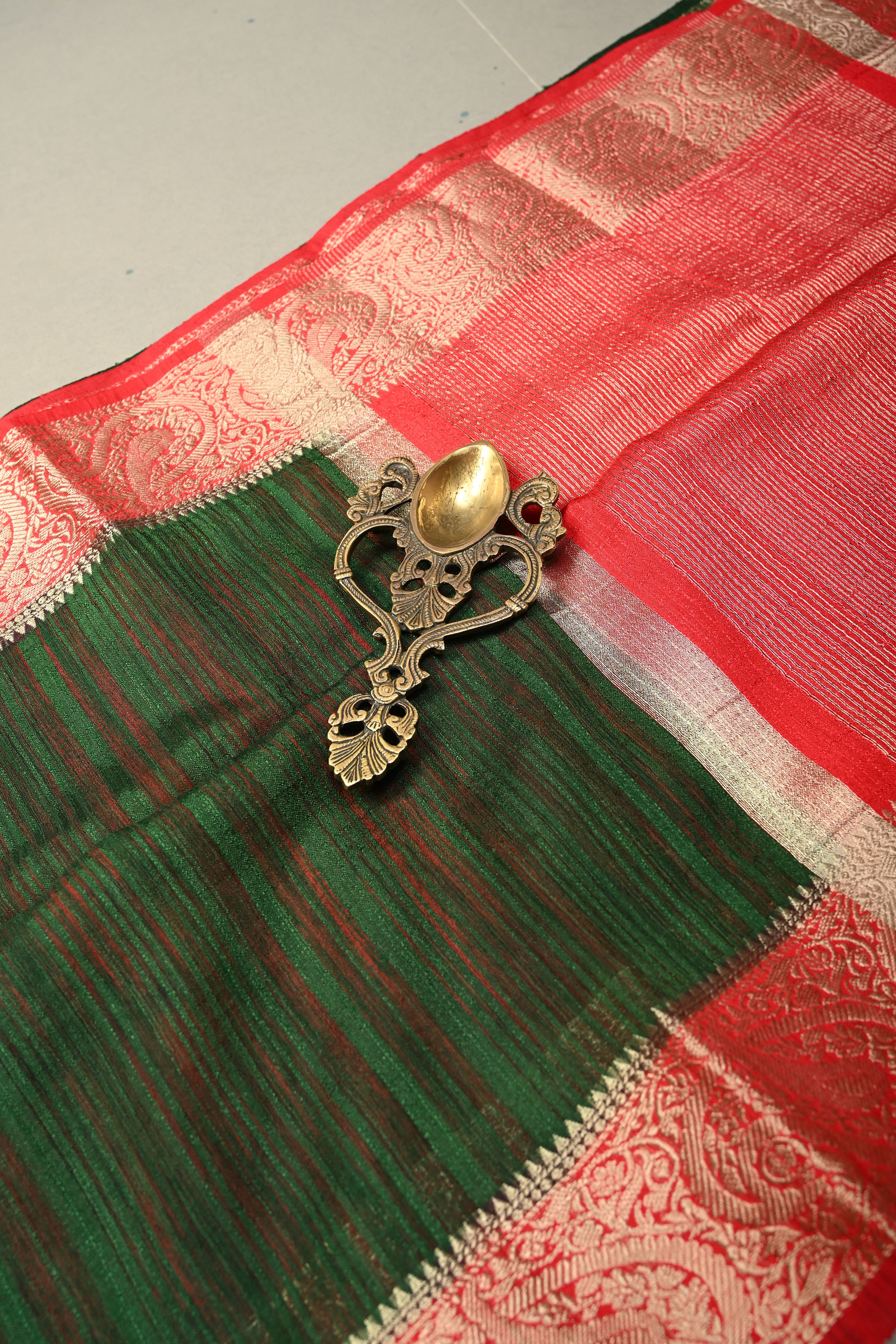 Bottle Green Semi Tussar Saree with Contrast Zari Border | Shobitam