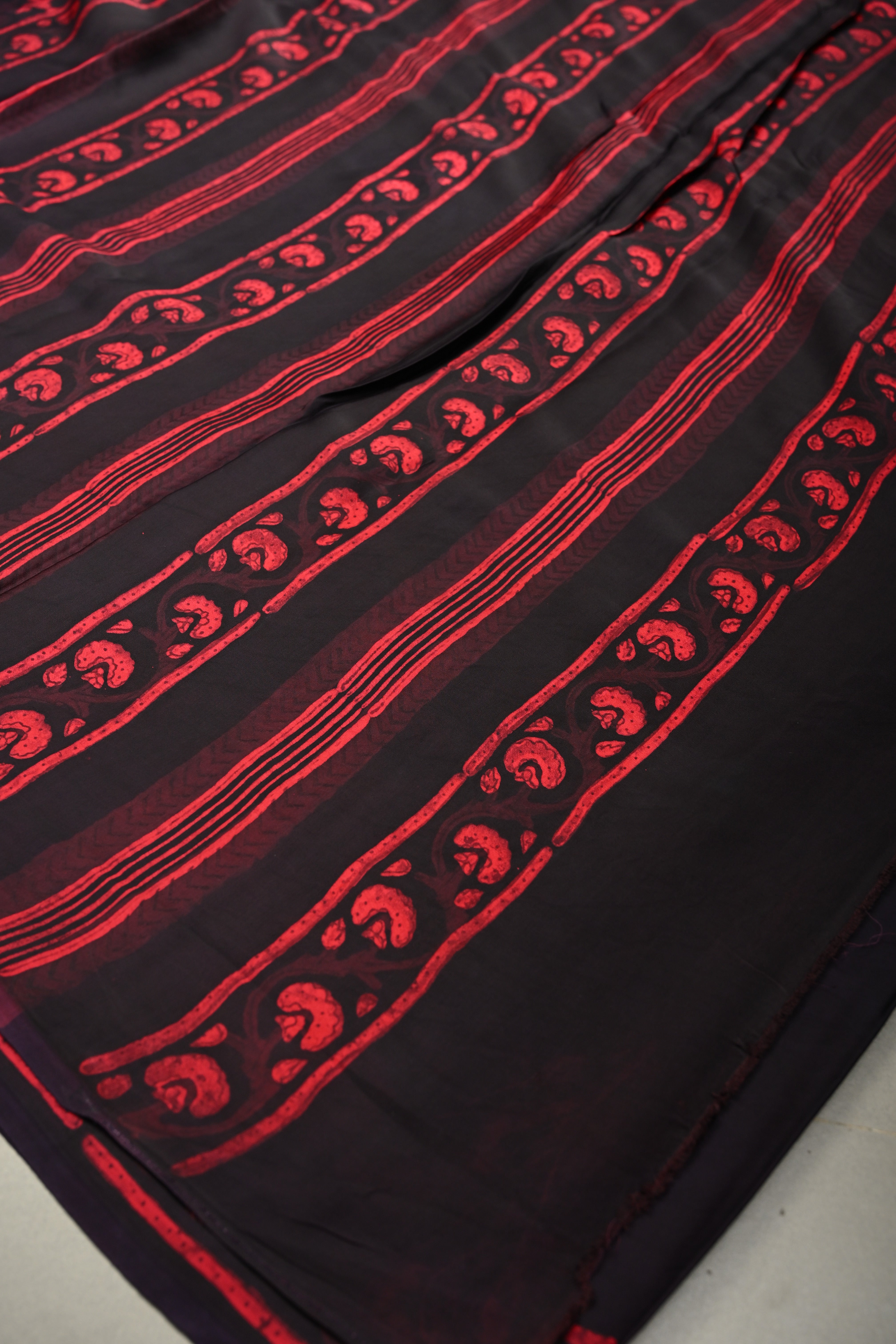 Black and Red Shaded Modal Silk Saree with Hand Block Print | Shobitam