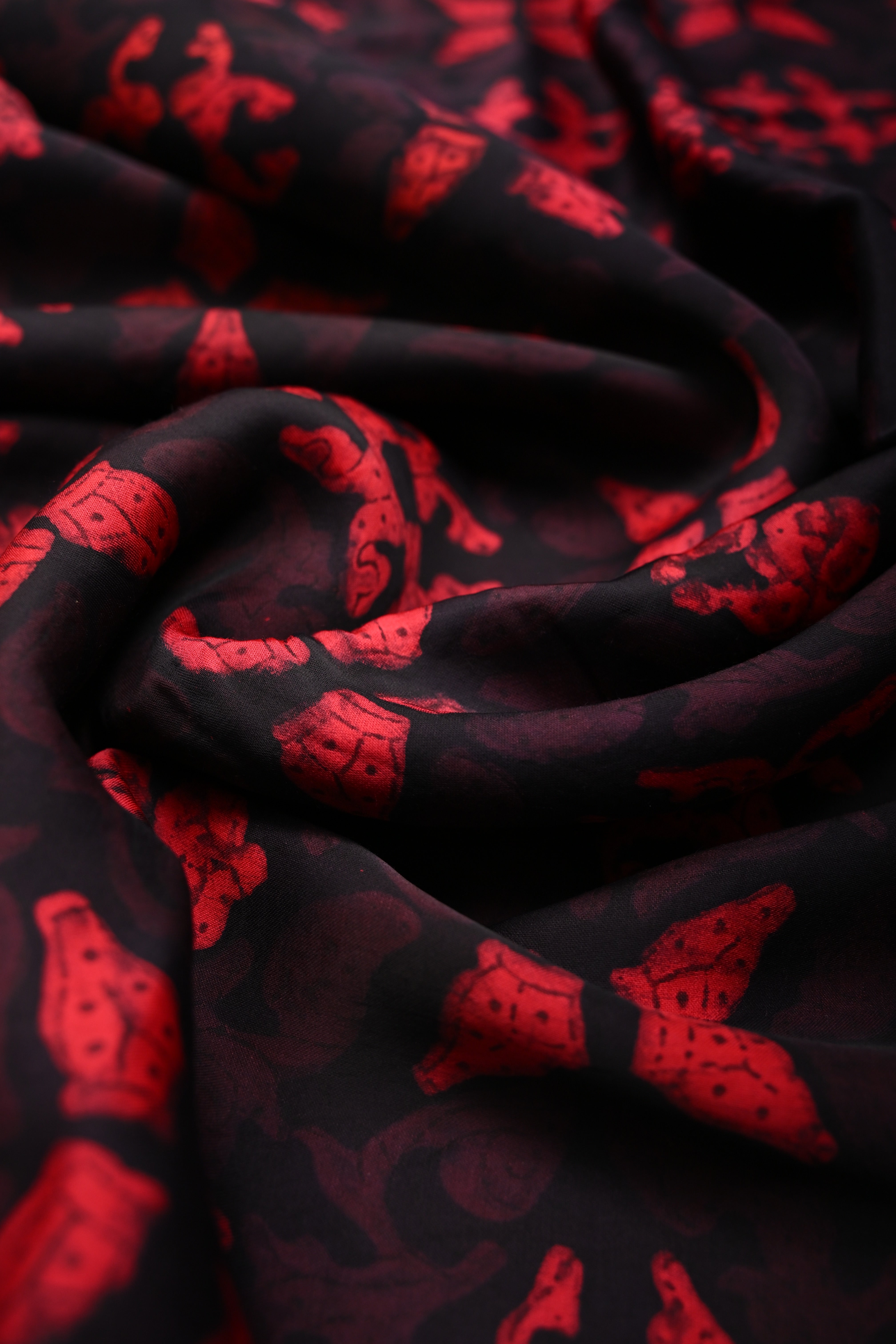 Black and Red Shaded Modal Silk Saree with Hand Block Print | Shobitam
