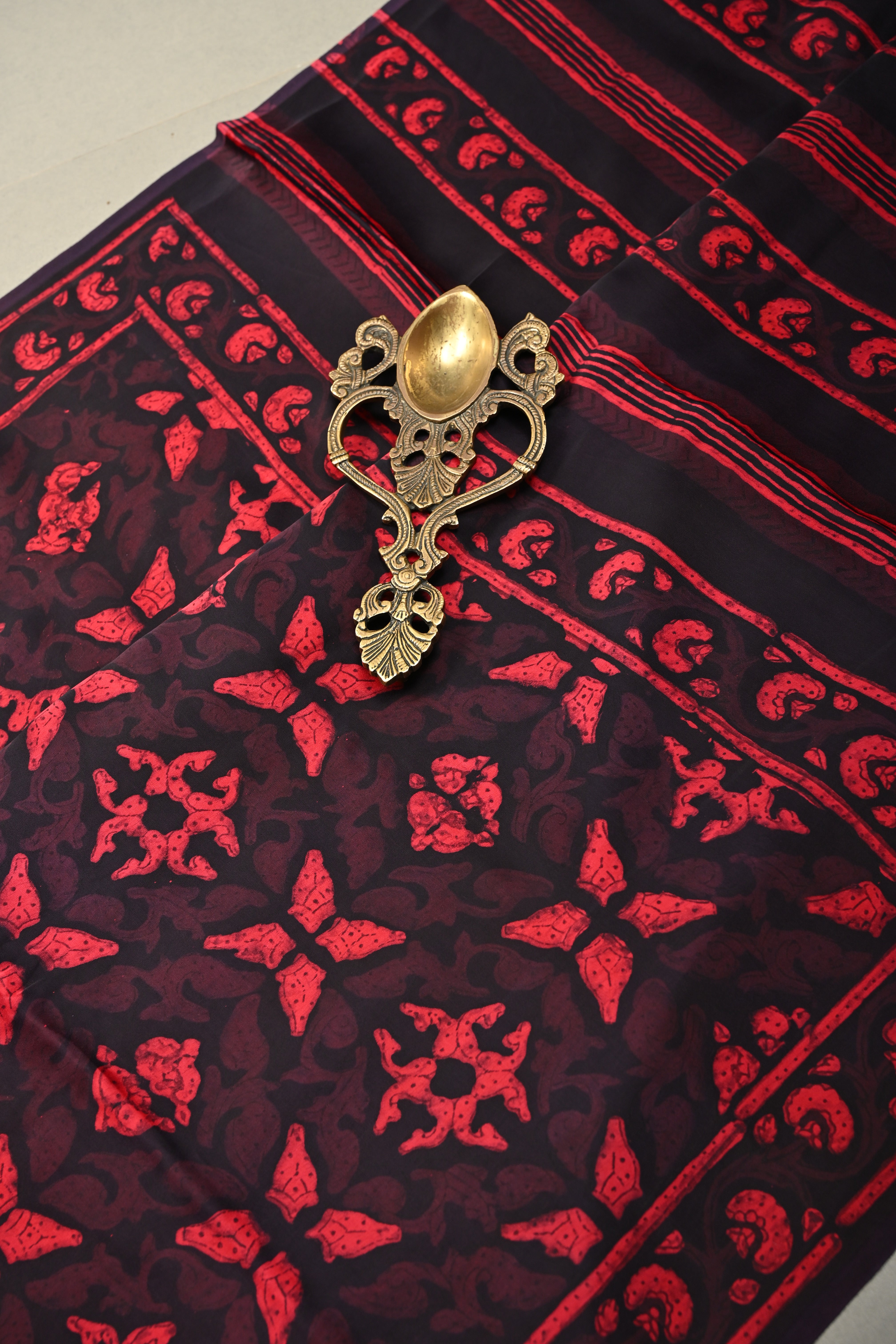Black and Red Shaded Modal Silk Saree with Hand Block Print | Shobitam
