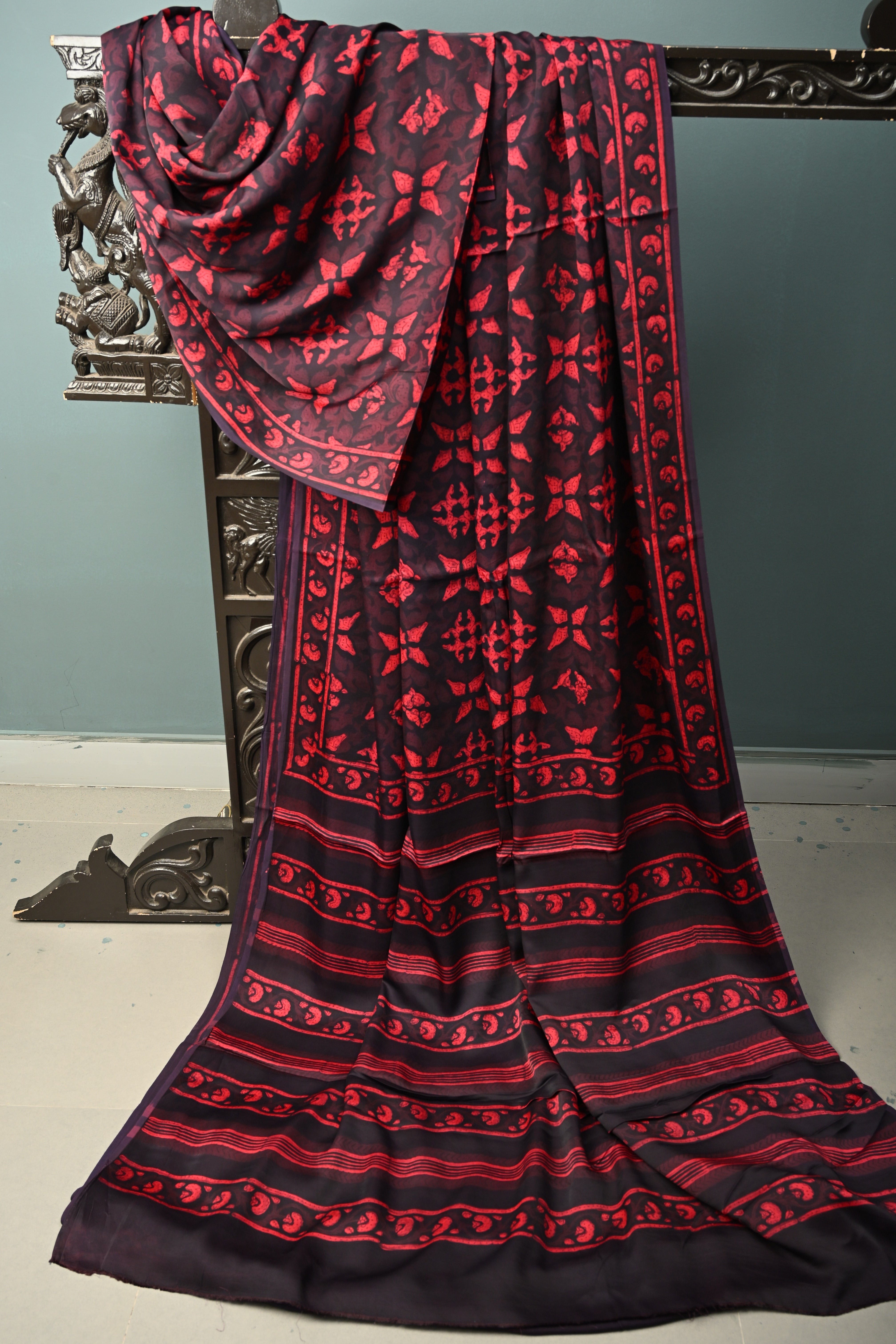 Black and Red Shaded Modal Silk Saree with Hand Block Print | Shobitam