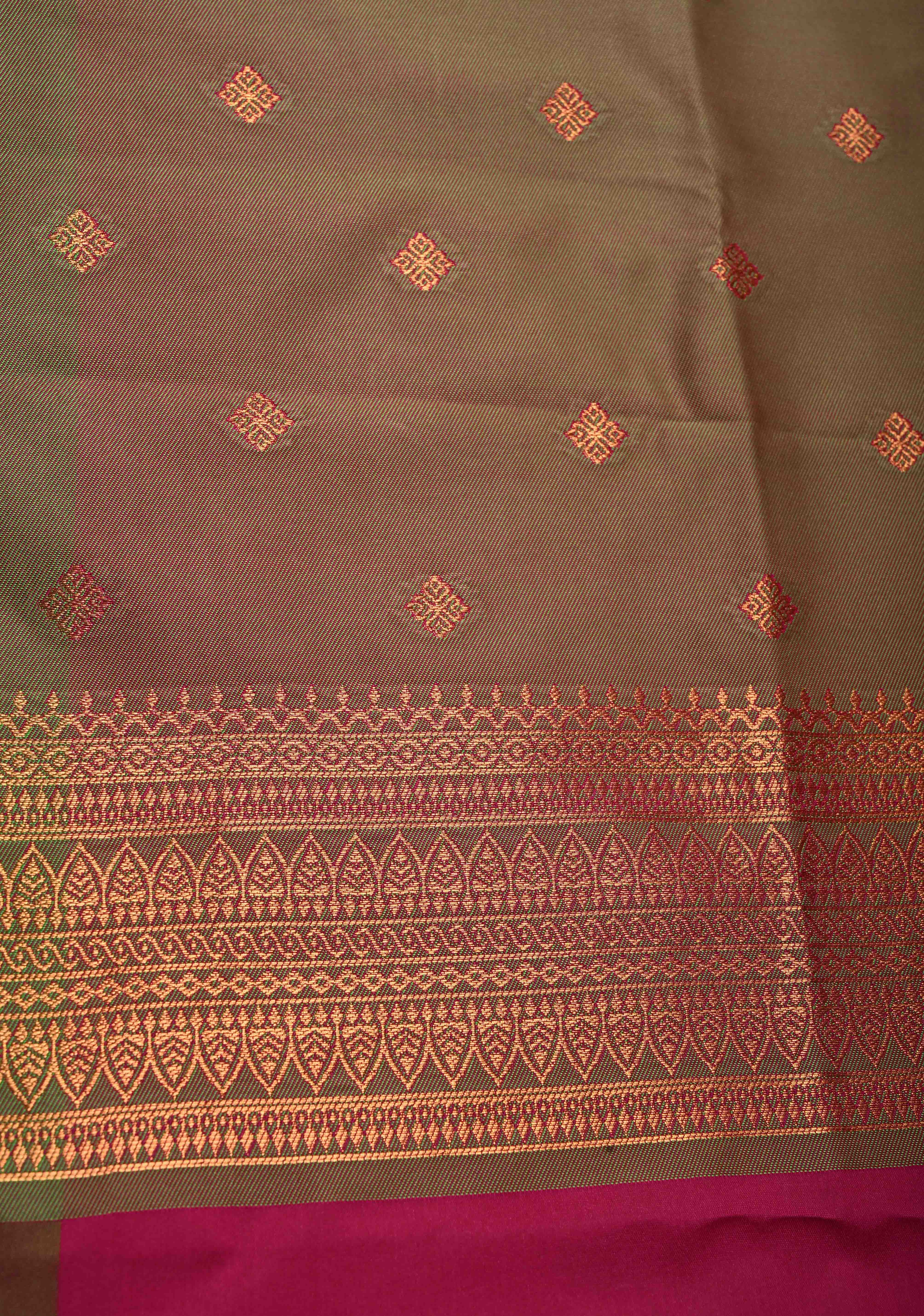 Hot Pink Kanchi Semi Silk Saree with Meenakari Mandala Buttas and Contrast Zari Border | SHOBITAM
