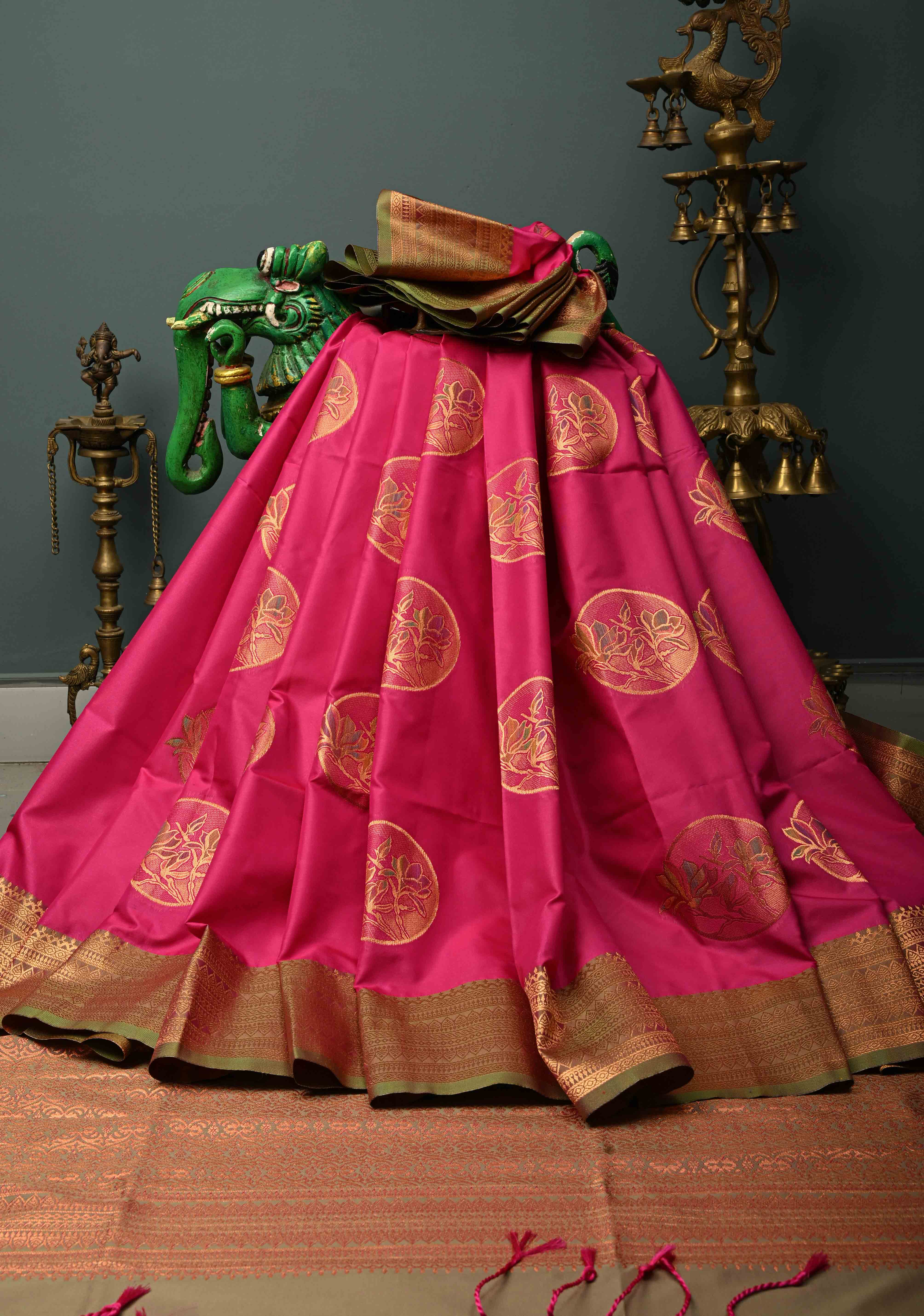 Hot Pink Kanchi Semi Silk Saree with Meenakari Mandala Buttas and Contrast Zari Border | SHOBITAM