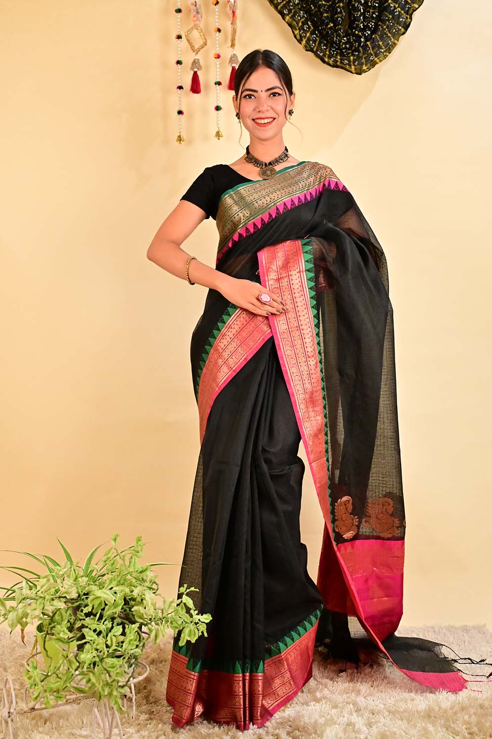 Ready To Wear Elegant Premium Black Kota Silk With Temple Border Wrap in 1 minute saree - Isadora Life