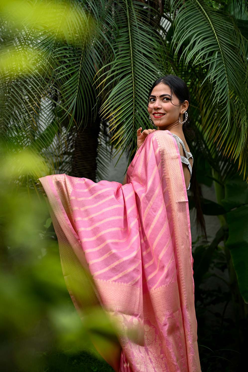Ready To Wear Classic Peach Georgette Silk With Zari Weaving Lines With Brocade Border Wrap in 1 minute saree - Isadora Life
