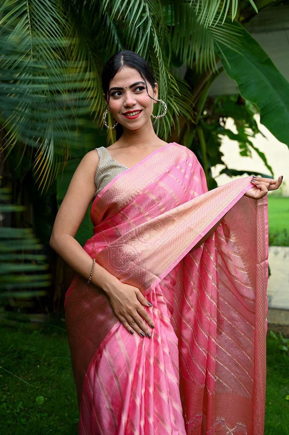 Ready To Wear Classic Peach Georgette Silk With Zari Weaving Lines With Brocade Border Wrap in 1 minute saree - Isadora Life