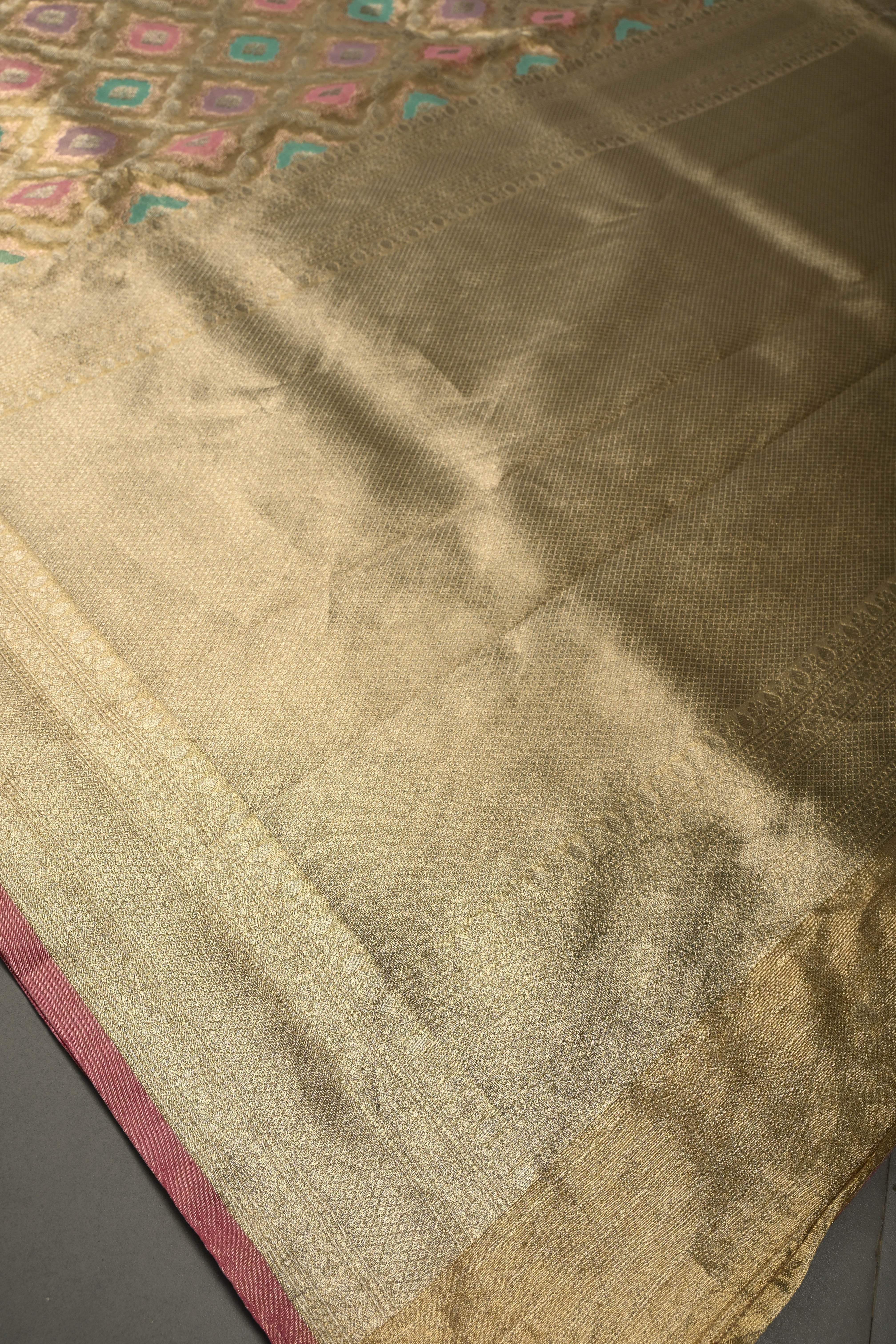 Light Mute Gold Rangkaat Design on Tissue Banarasi Vegan Saree with All Over Jaal Design and Zari Border | Shobitam
