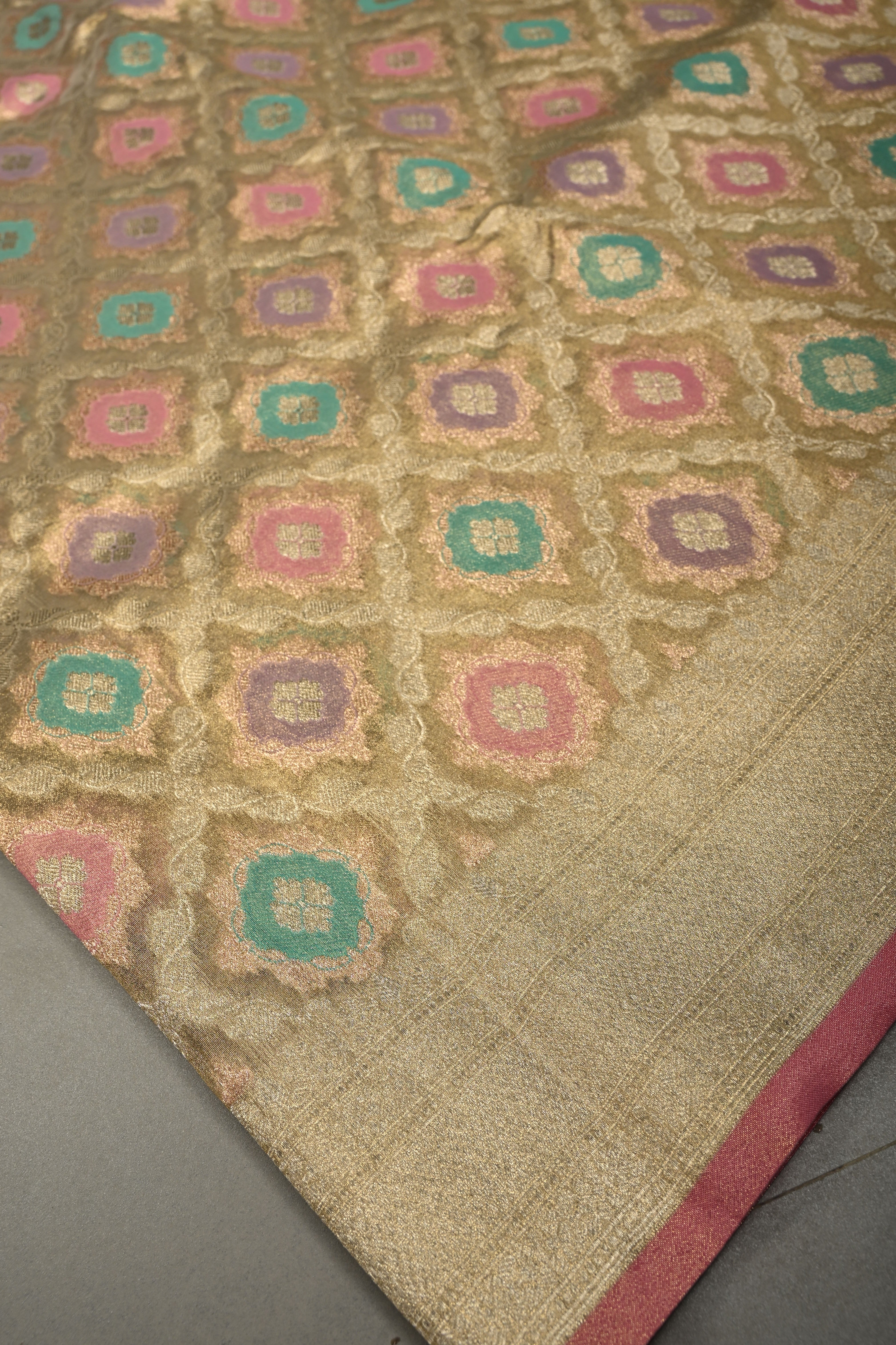 Light Mute Gold Rangkaat Design on Tissue Banarasi Vegan Saree with All Over Jaal Design and Zari Border | Shobitam