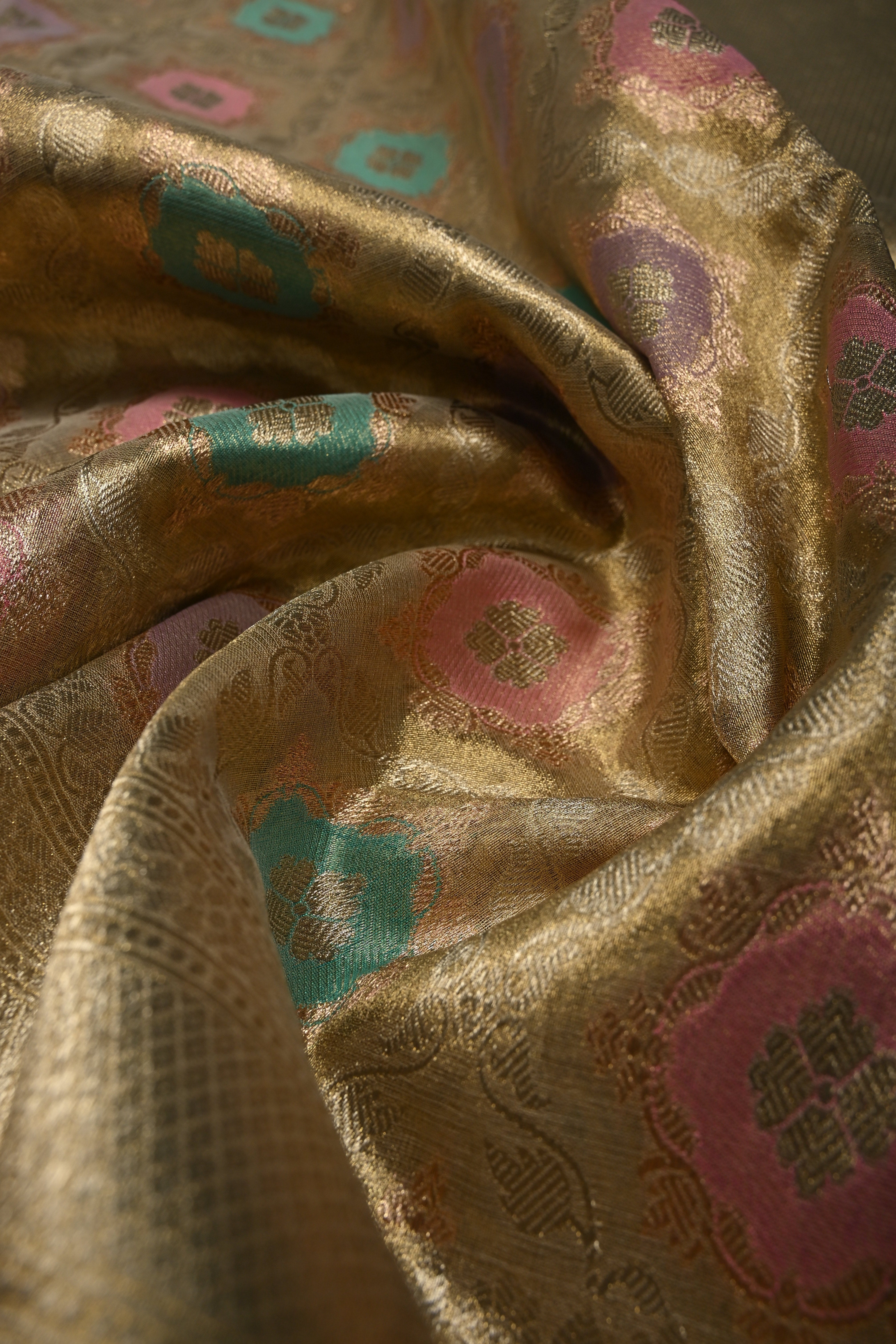 Light Mute Gold Rangkaat Design on Tissue Banarasi Vegan Saree with All Over Jaal Design and Zari Border | Shobitam