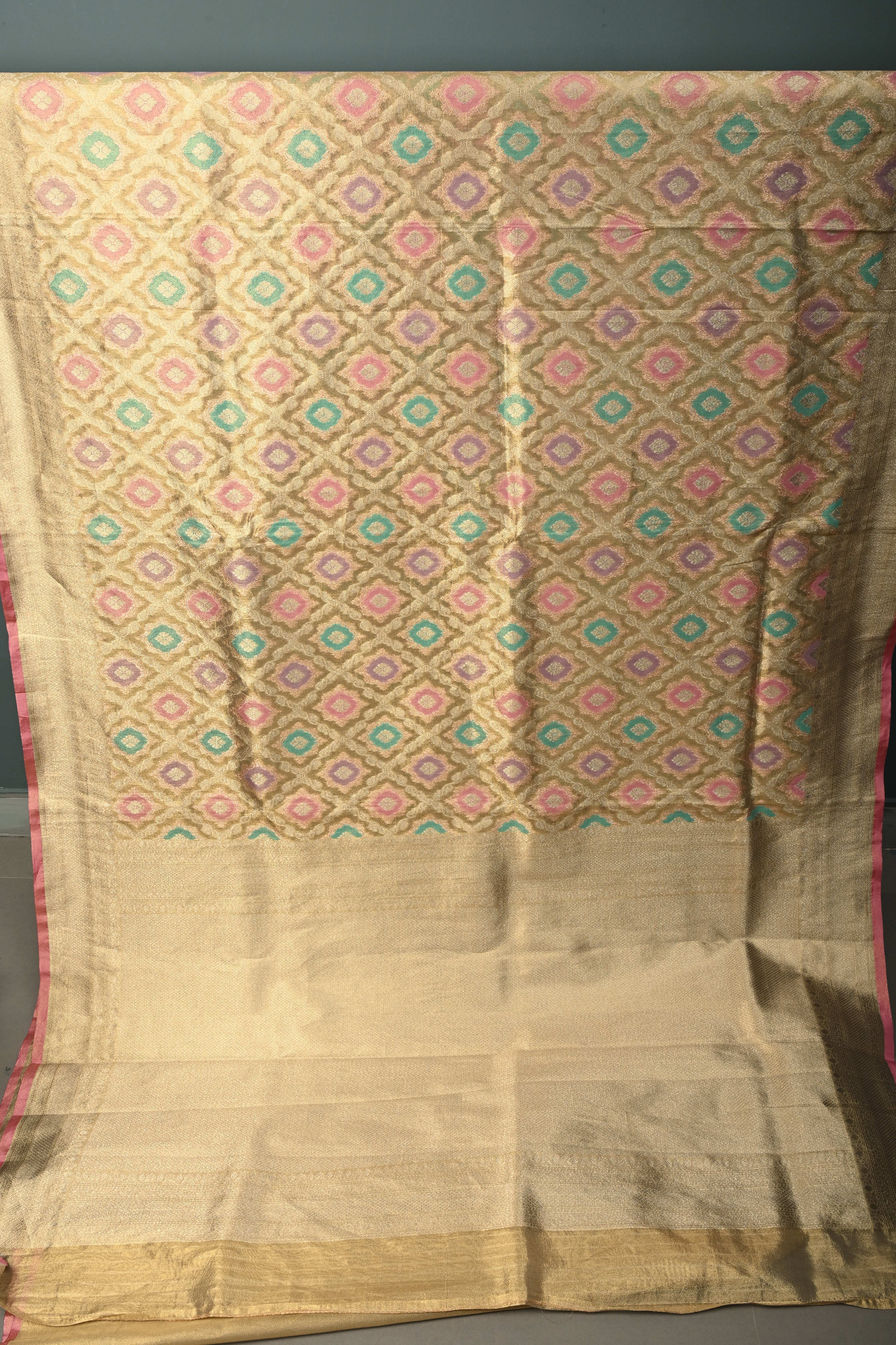 Light Mute Gold Rangkaat Design on Tissue Banarasi Vegan Saree with All Over Jaal Design and Zari Border | Shobitam