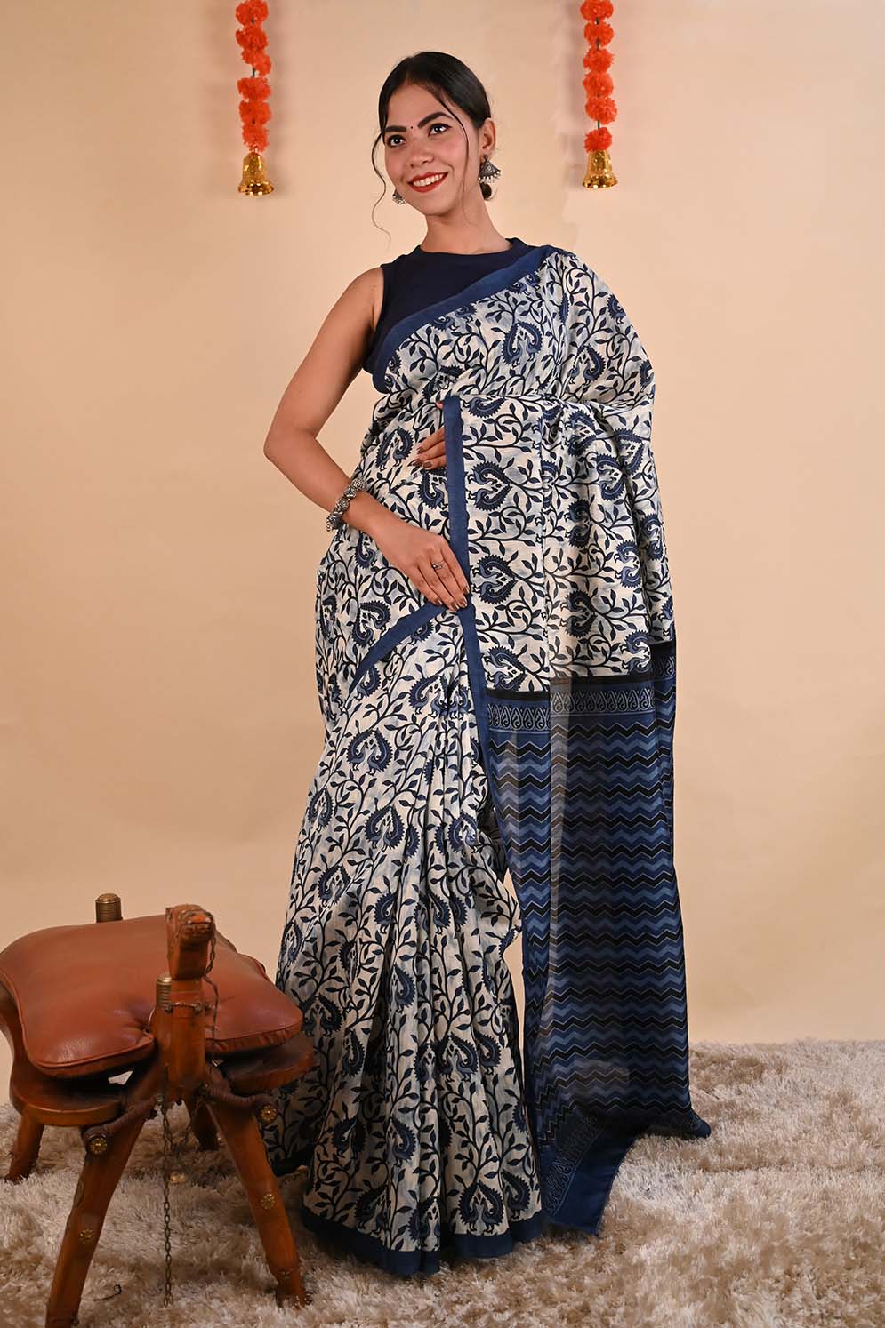 Ready To Wear Indigo Bagh print mul mul cotton Wrap in 1 minute saree - Isadora Life