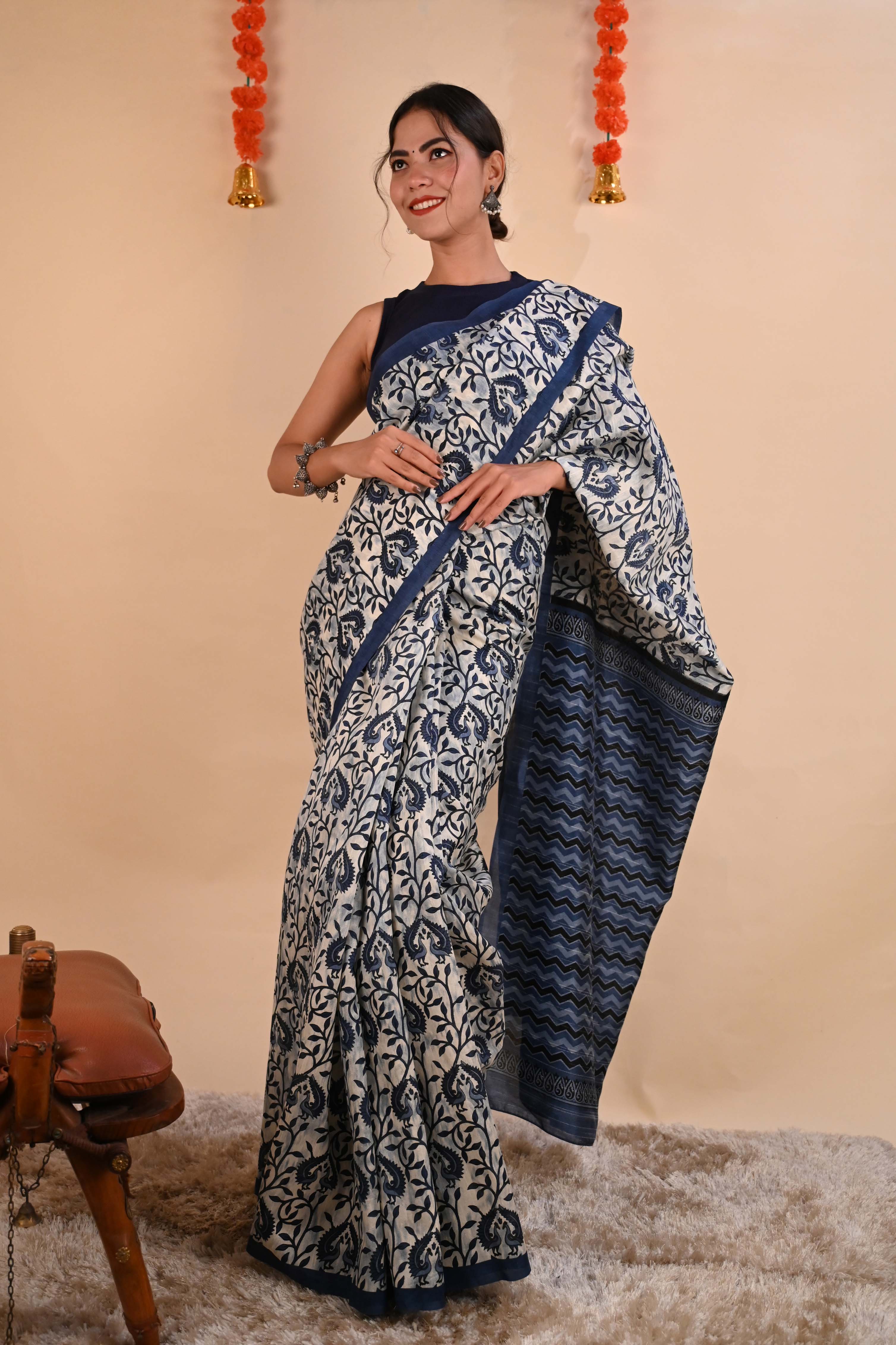 Ready To Wear Indigo Bagh print mul mul cotton Wrap in 1 minute saree - Isadora Life