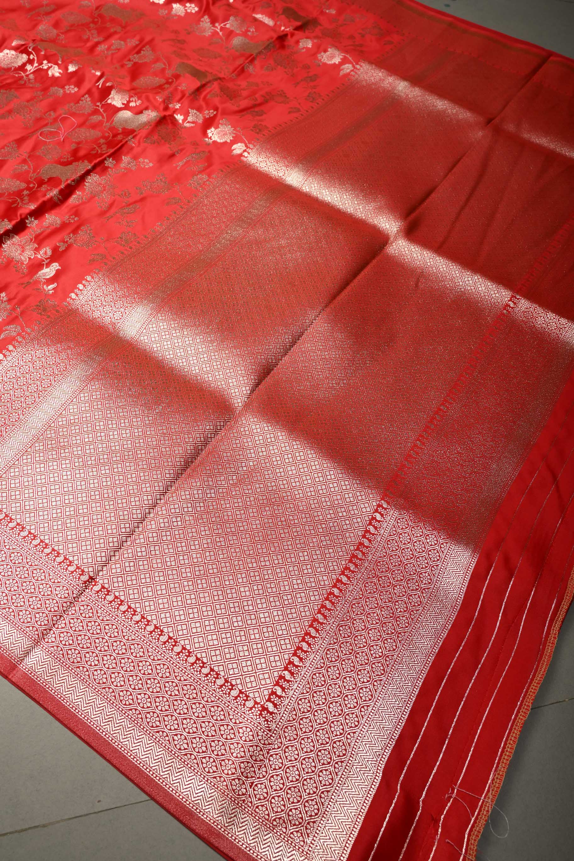 Blood Red Banarasi Semi Silk Saree with Shikaargah Floral Jaal Zari Brocade and Zari Border | Shobitam
