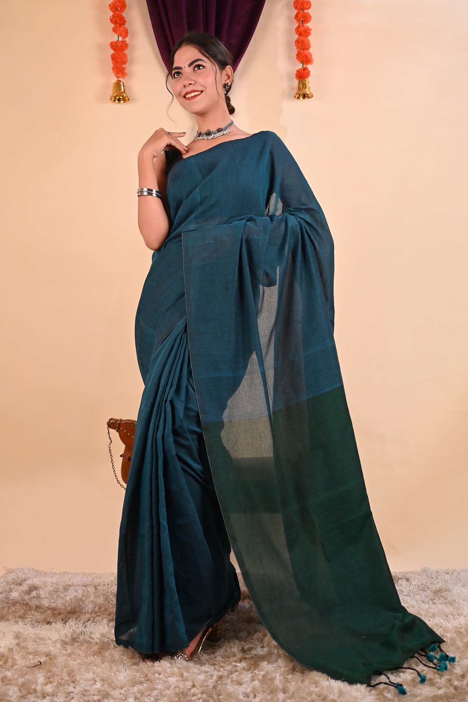 Ready to wear Beautiful Khadi Cotton Handloom With Tassels on Pallu Wrap in 1 minute Saree - Isadora Life