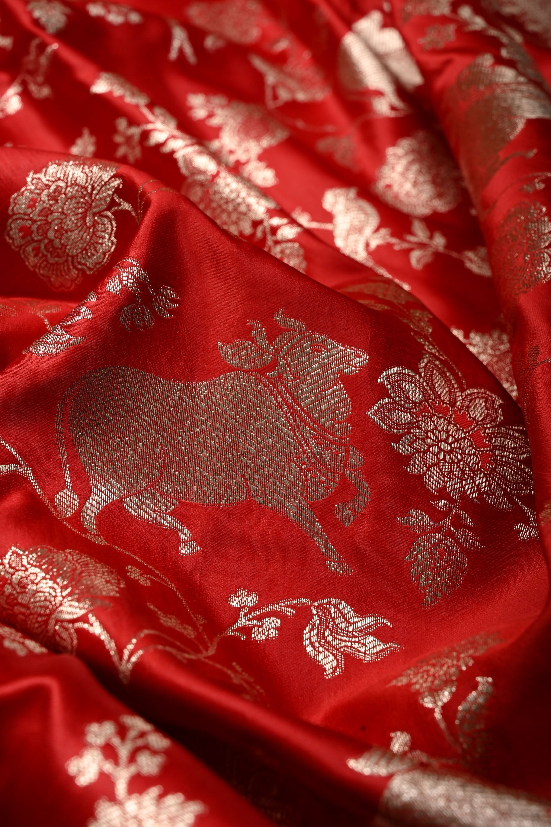 Blood Red Banarasi Semi Silk Saree with Shikaargah Floral Jaal Zari Brocade and Zari Border | Shobitam