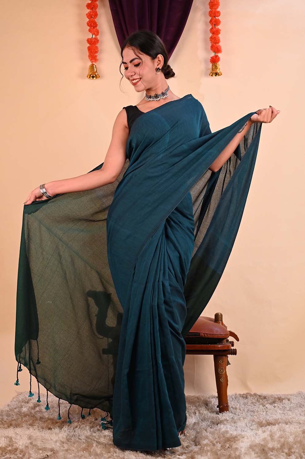 Ready to wear Beautiful Khadi Cotton Handloom With Tassels on Pallu Wrap in 1 minute Saree - Isadora Life