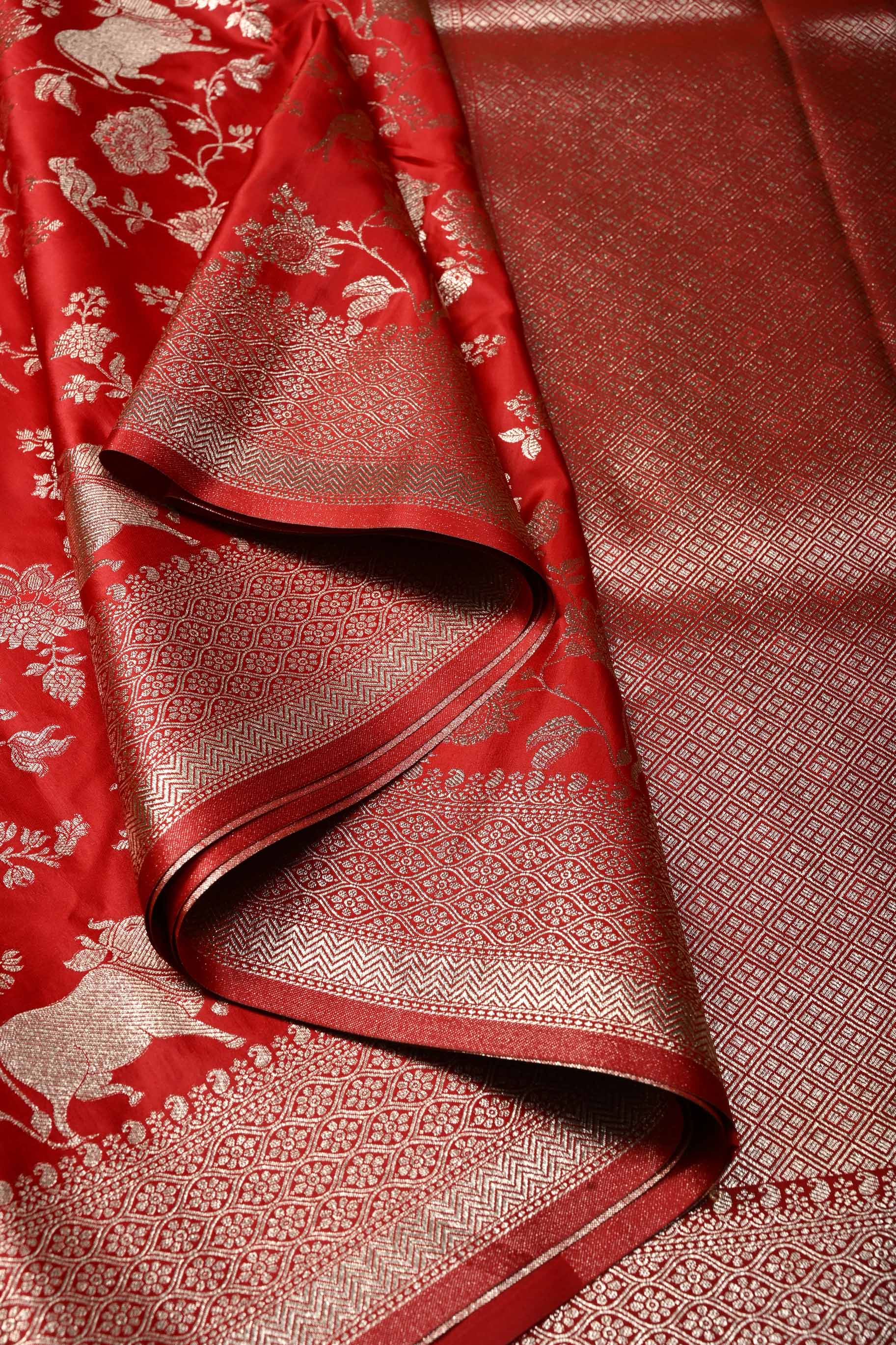 Blood Red Banarasi Semi Silk Saree with Shikaargah Floral Jaal Zari Brocade and Zari Border | Shobitam