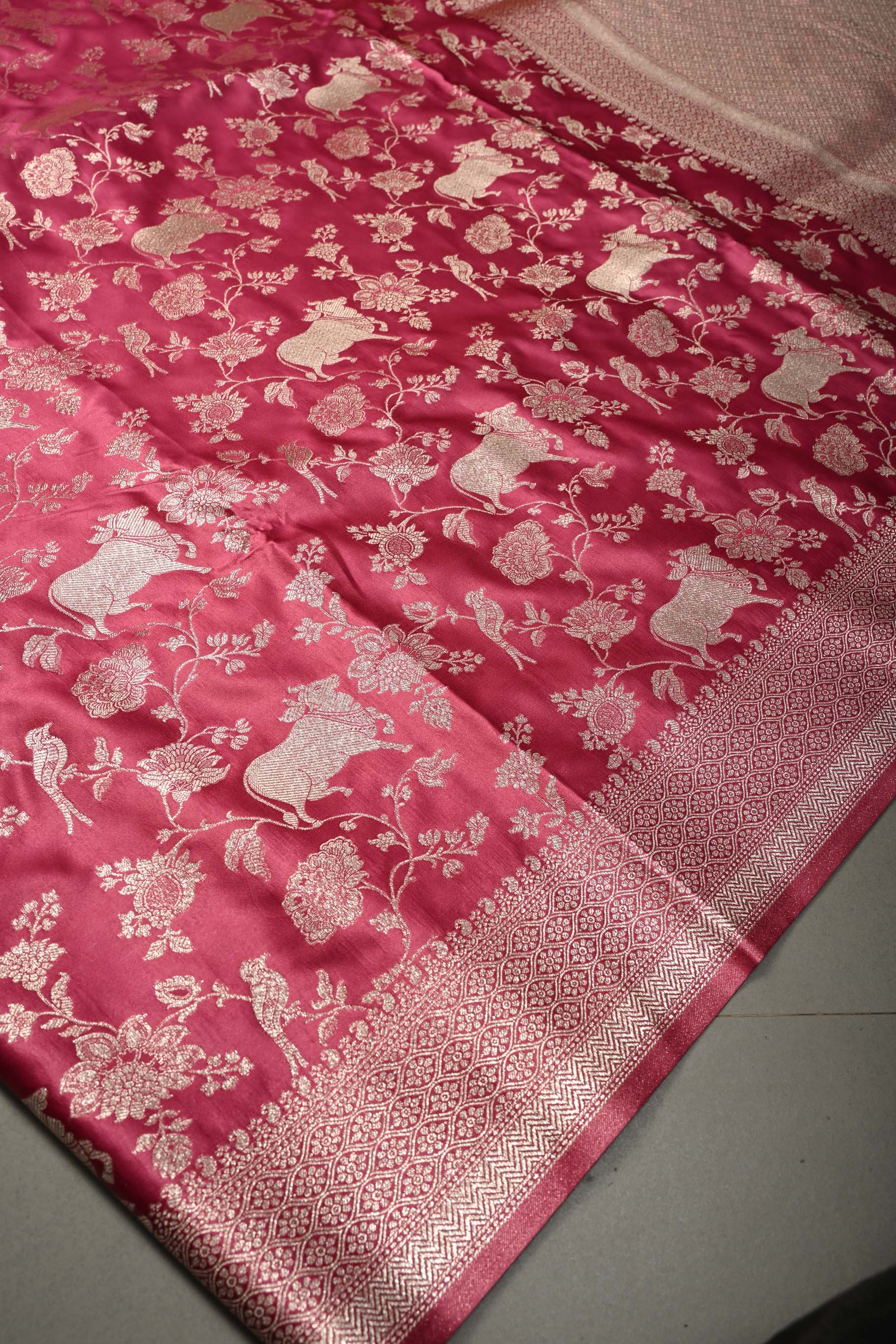 Dusty Rose Banarasi Semi Silk Saree with Shikaargah Floral Jaal Zari Brocade and Zari Border | Shobitam