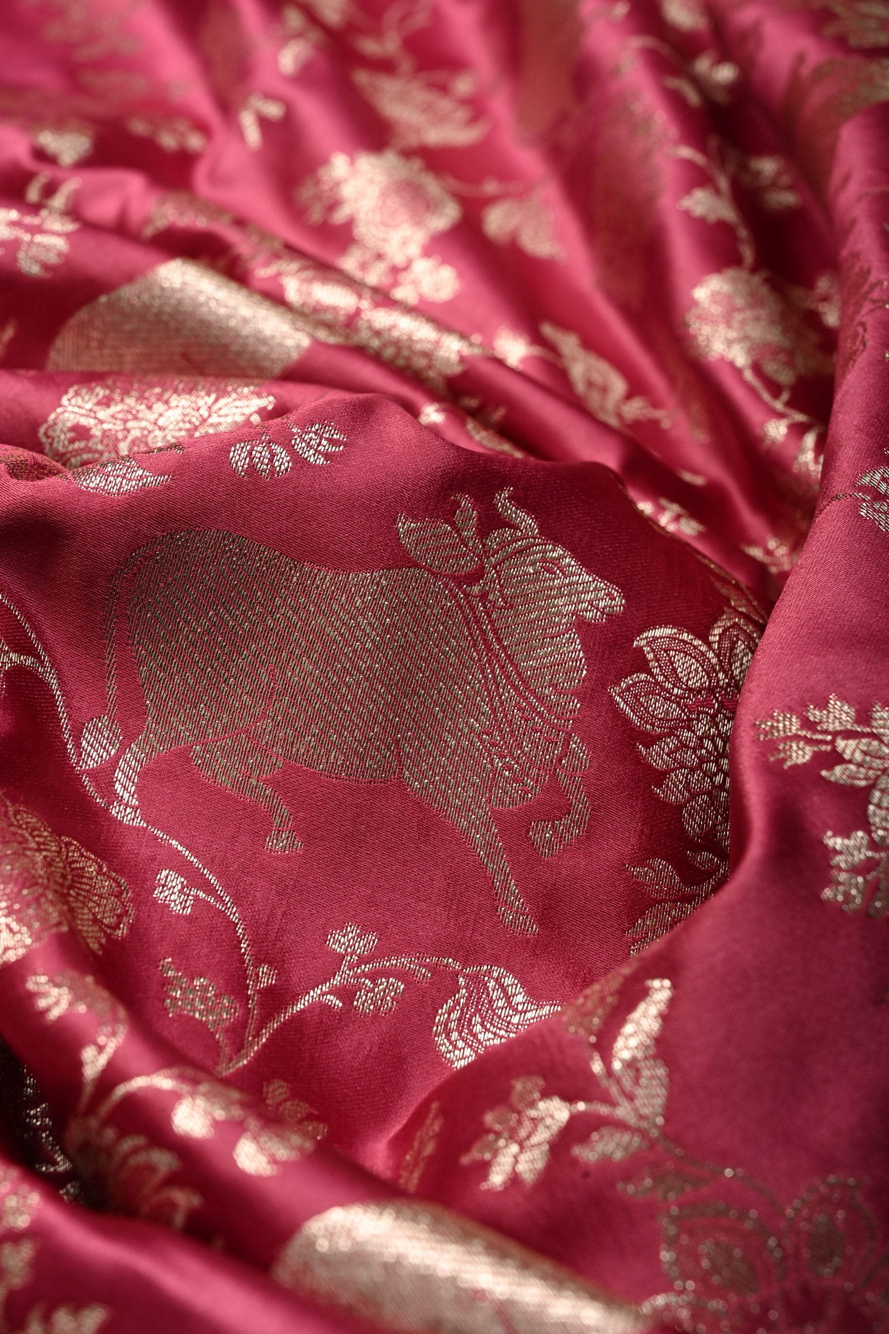 Dusty Rose Banarasi Semi Silk Saree with Shikaargah Floral Jaal Zari Brocade and Zari Border | Shobitam